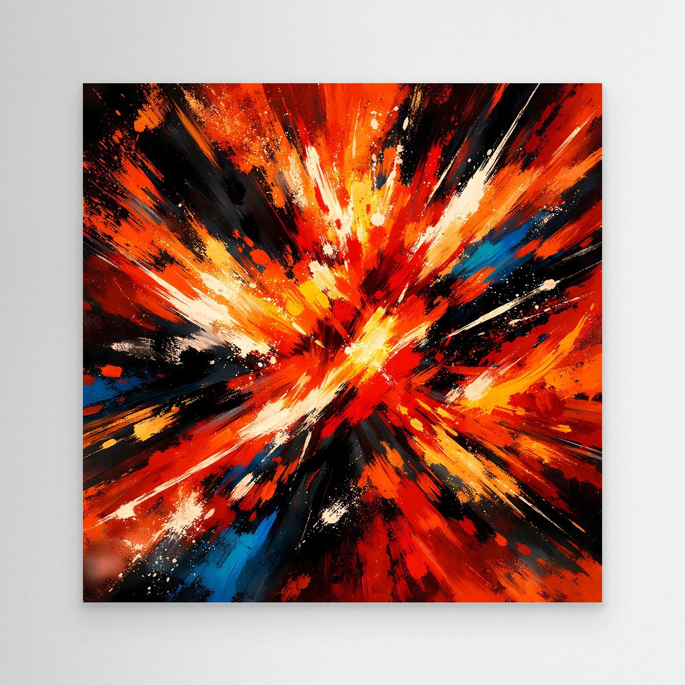 Abstraktes Leinwandbild mit Farbexplosion in Rot, Orange, Schwarz und Blau, ohne Rahmen