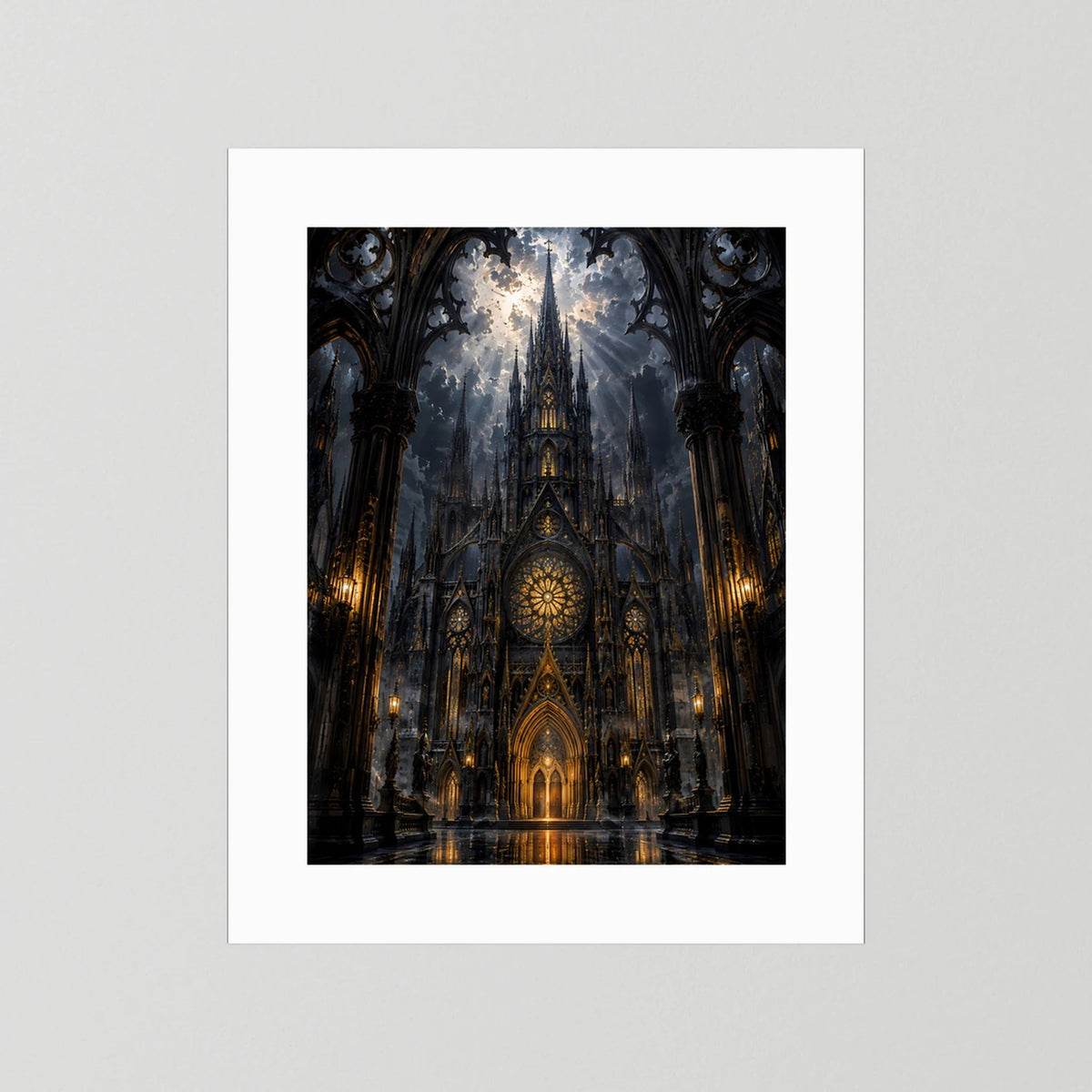 Hochformat-Poster gotische Kathedrale in Schwarz und Gold, mit weißem Passepartout