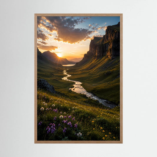 Hochformat-Poster im Naturholzrahmen, Landschaftsmotiv mit Fluss und Felsen bei Sonnenuntergang