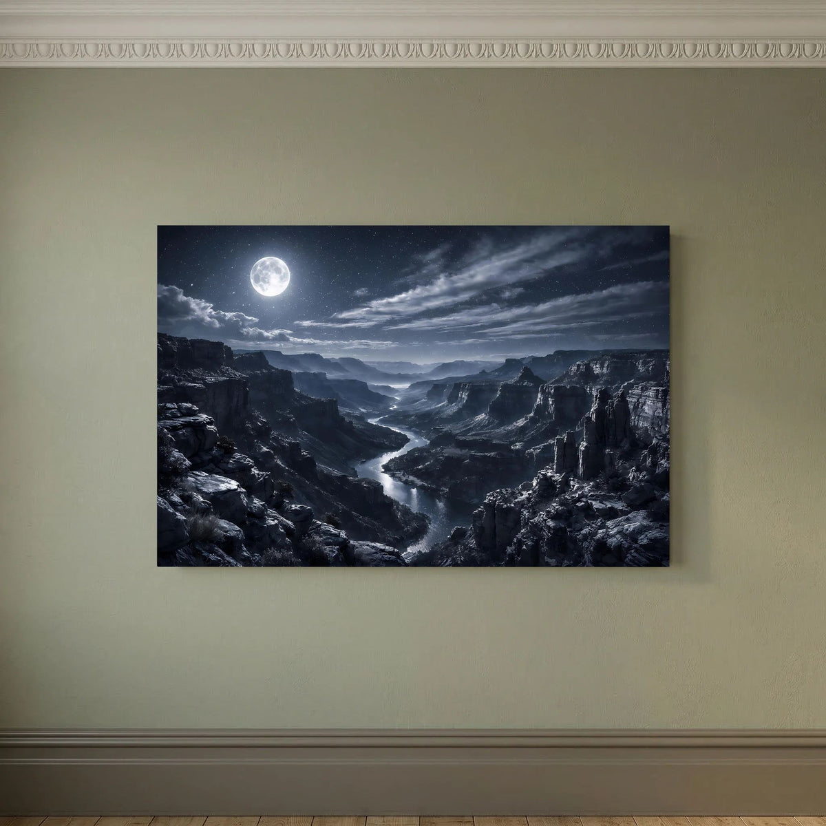 Wandposter querformat mit Mond und Canyon-Schlucht, dunkler Rahmen