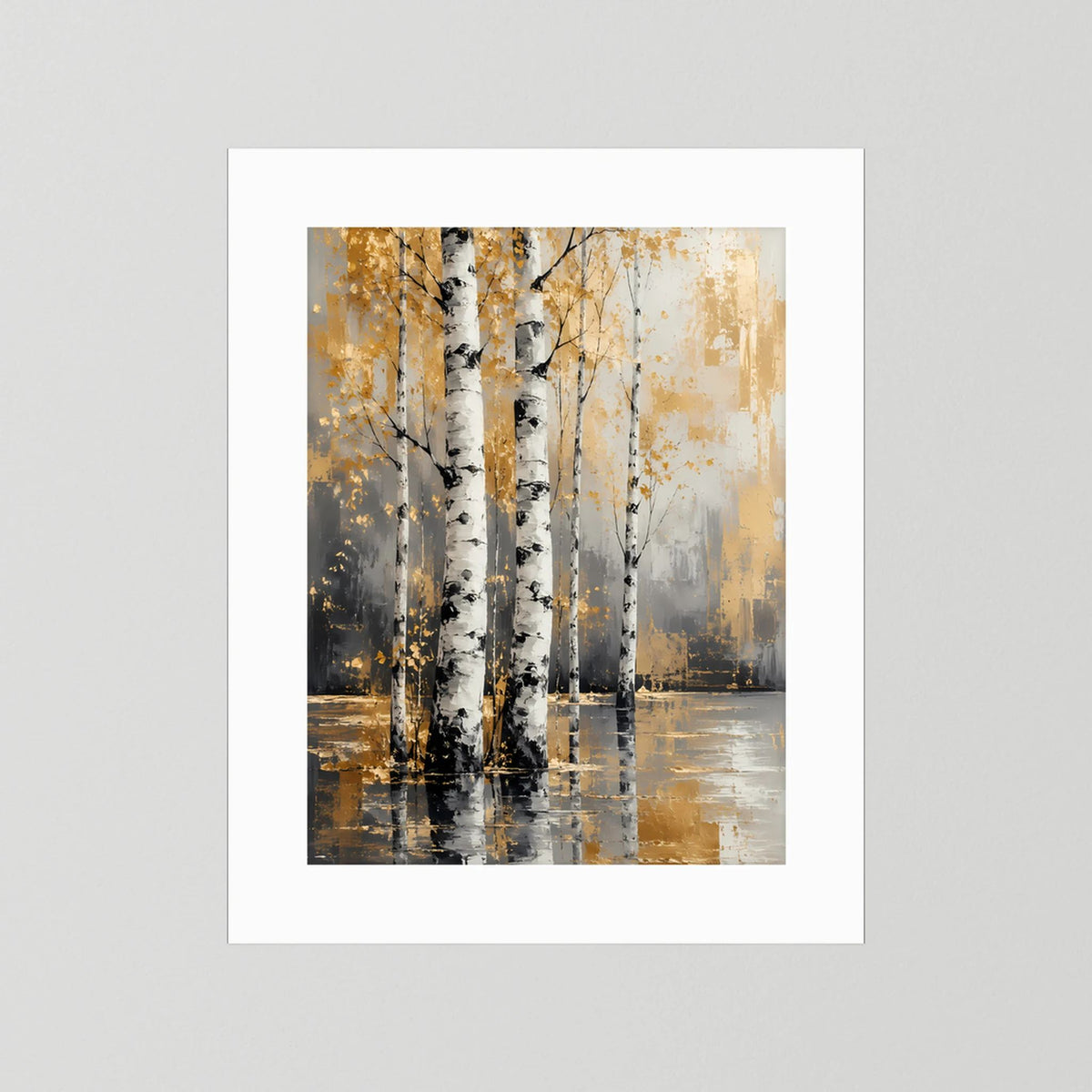 Hochformat-Poster mit abstrakten Birken in Weiß und Gold, Wasserreflexion, ohne sichtbaren Rahmen