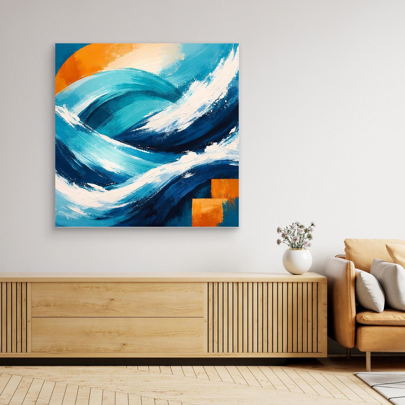 Abstraktes Leinwandbild mit Wellen in Blau, Türkis, Weiß und Orange, orange-gold gerahmt.
