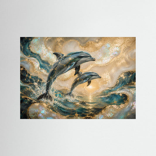 Querformat-Poster mit Delfinen im Meer, Türkis- und Goldtönen, Holzrahmen