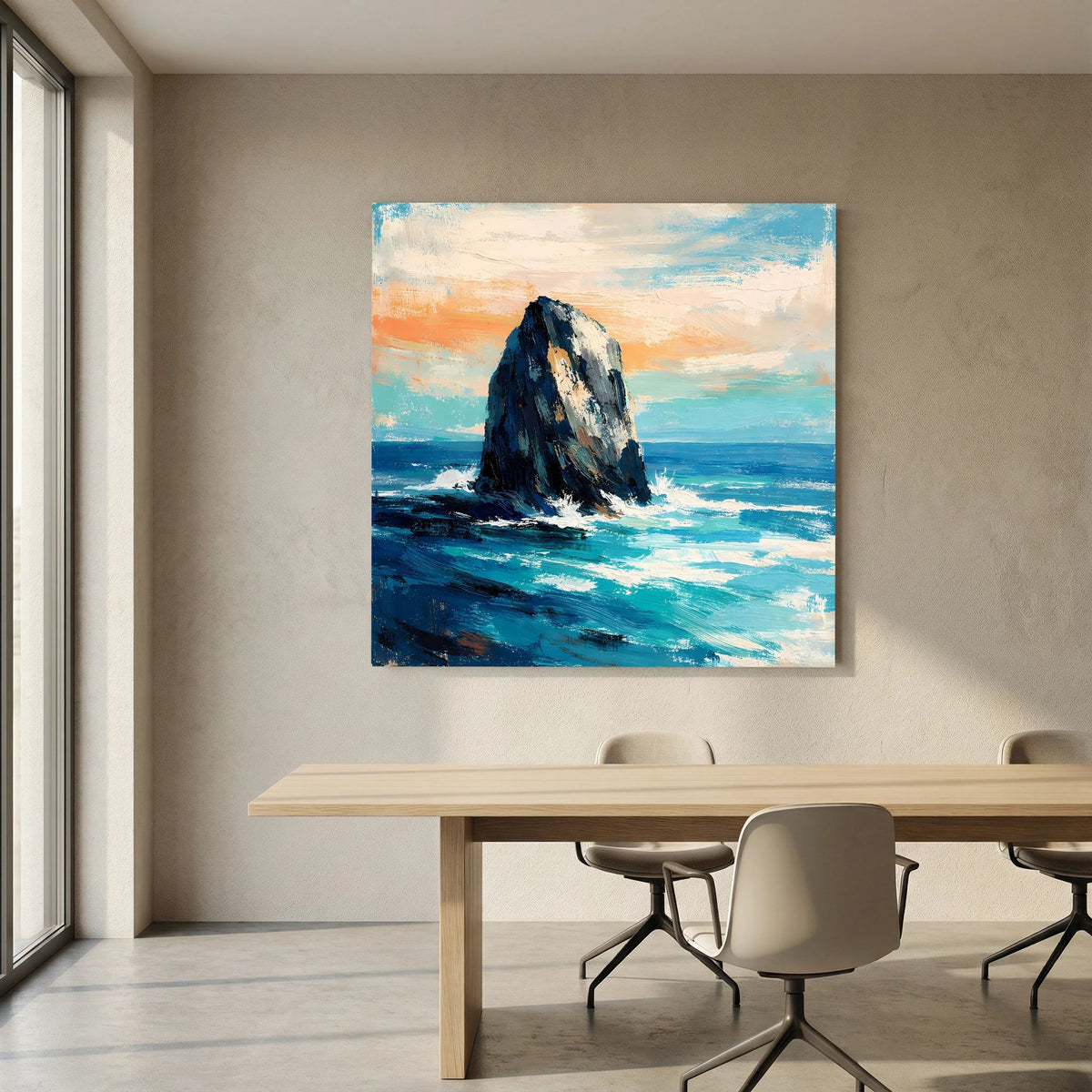 Leinwand-Wandbild mit Felsen im Wasser, abstrakte Wellen und orangefarbener Himmel