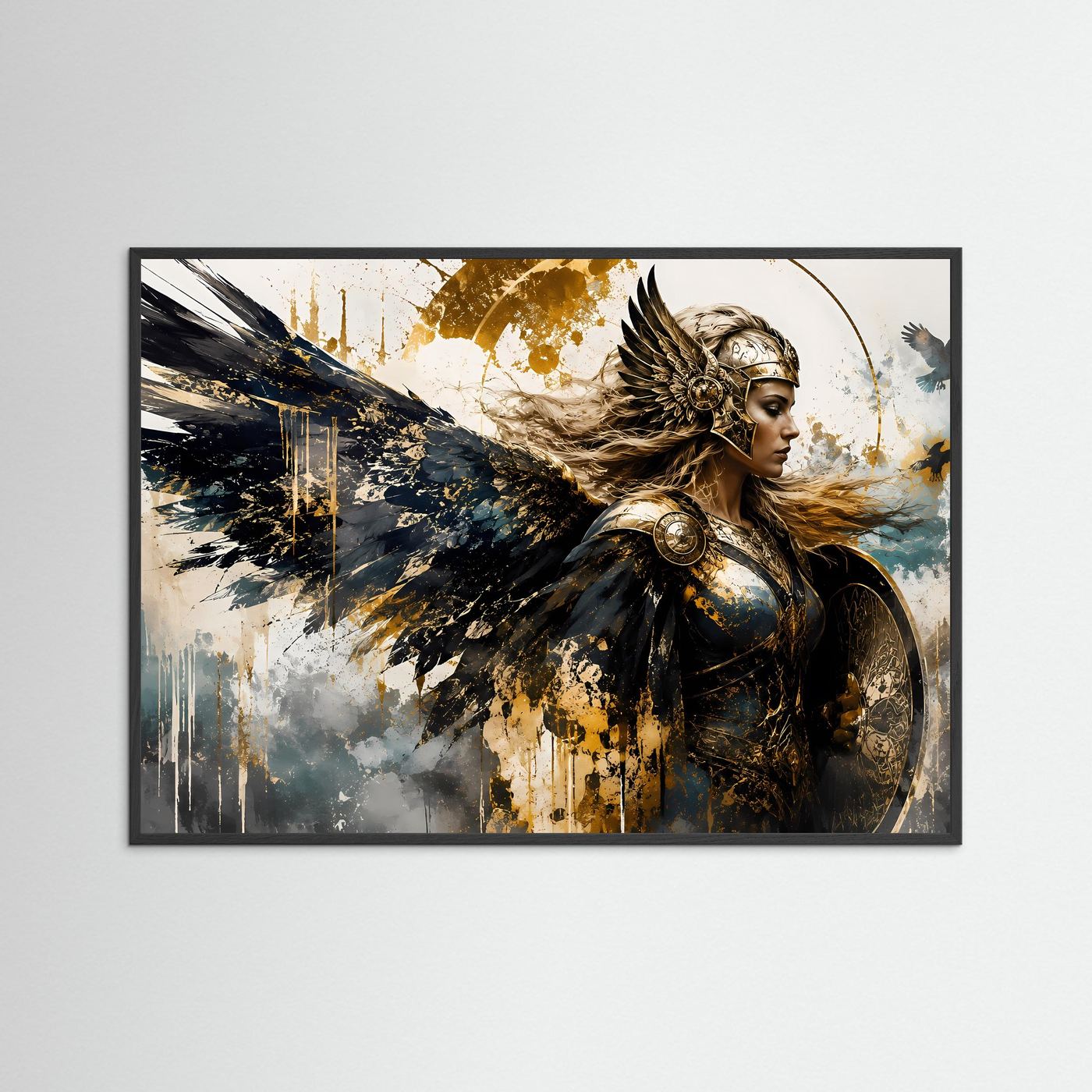 Walküre mit Engelsflügeln in Gold & Schwarz | Episches Mythologie Wandbild & Kunst-Poster