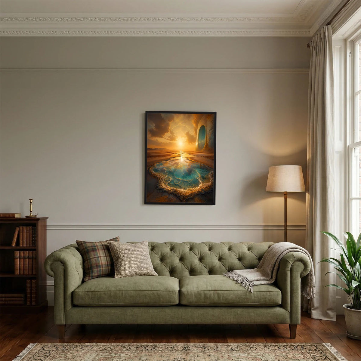 Gerahmtes Poster im Hochformat mit goldenem Portal und türkisfarbener Quelle in Wüstenlandschaft