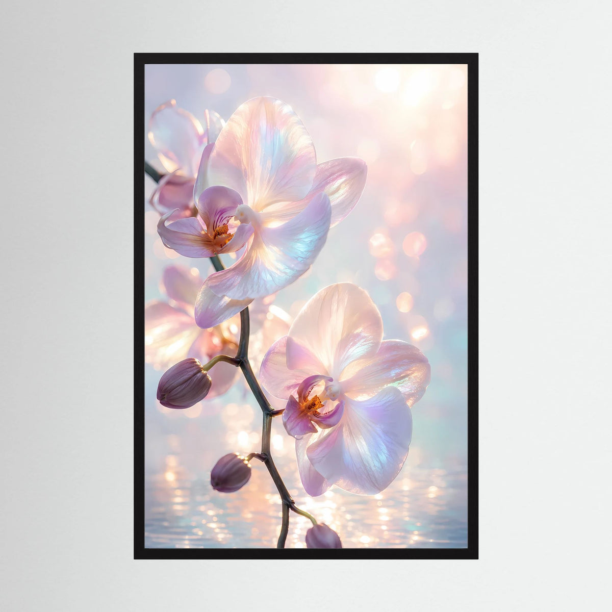 Orchideen-Kunstposter im schwarzen Rahmen mit zarten Blüten in Pastellfarben (Hochformat)