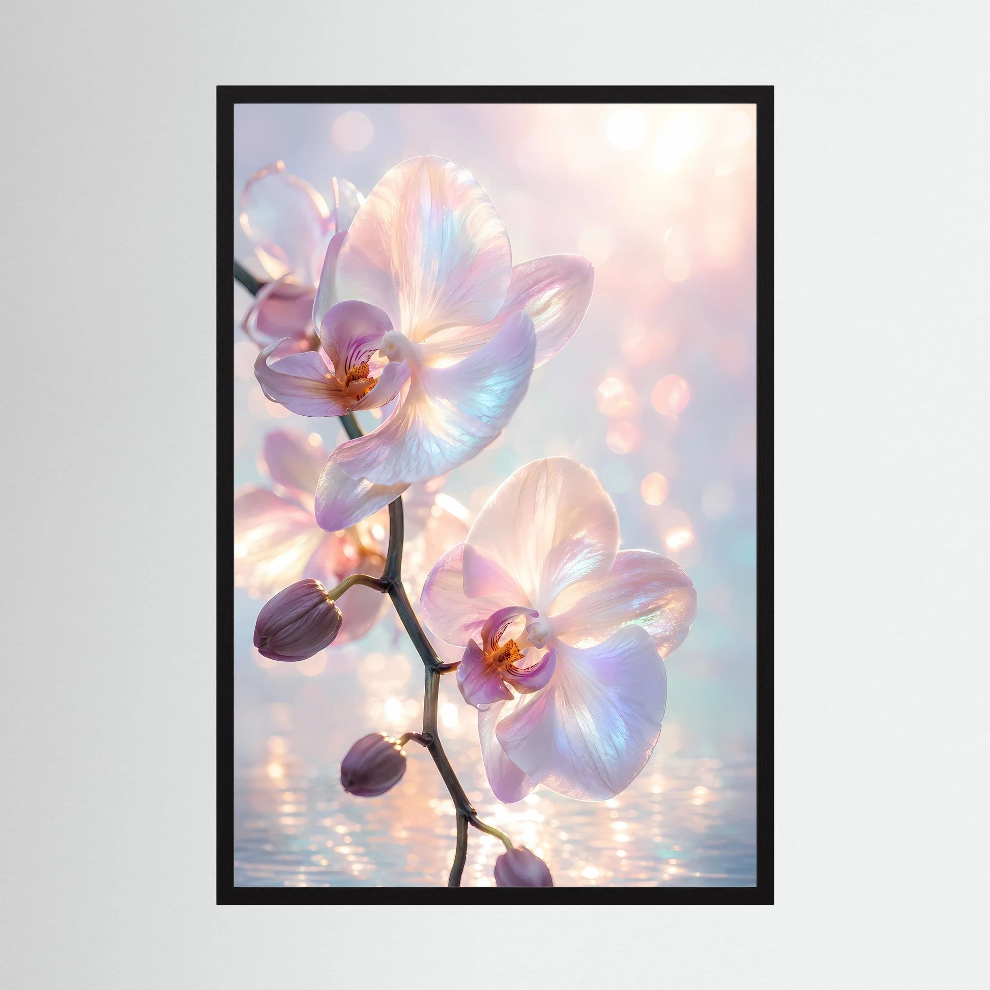 Orchideen-Kunstposter im schwarzen Rahmen mit zarten Blüten in Pastellfarben (Hochformat)