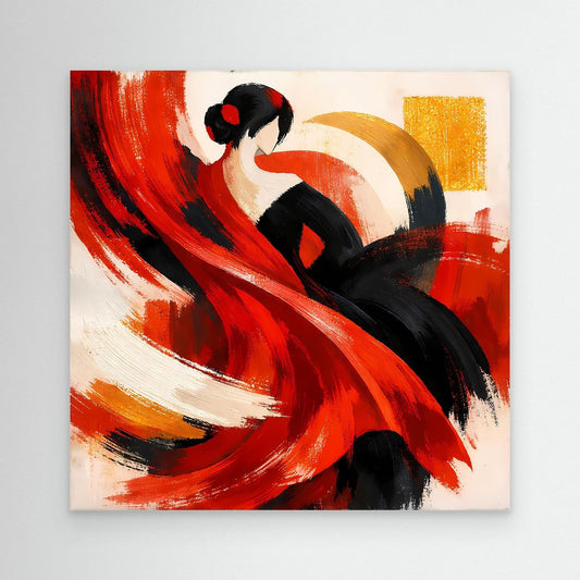 Leinwandbild mit Flamenco-Tänzerin, Rot-Schwarz und goldene Akzente, Rahmen
