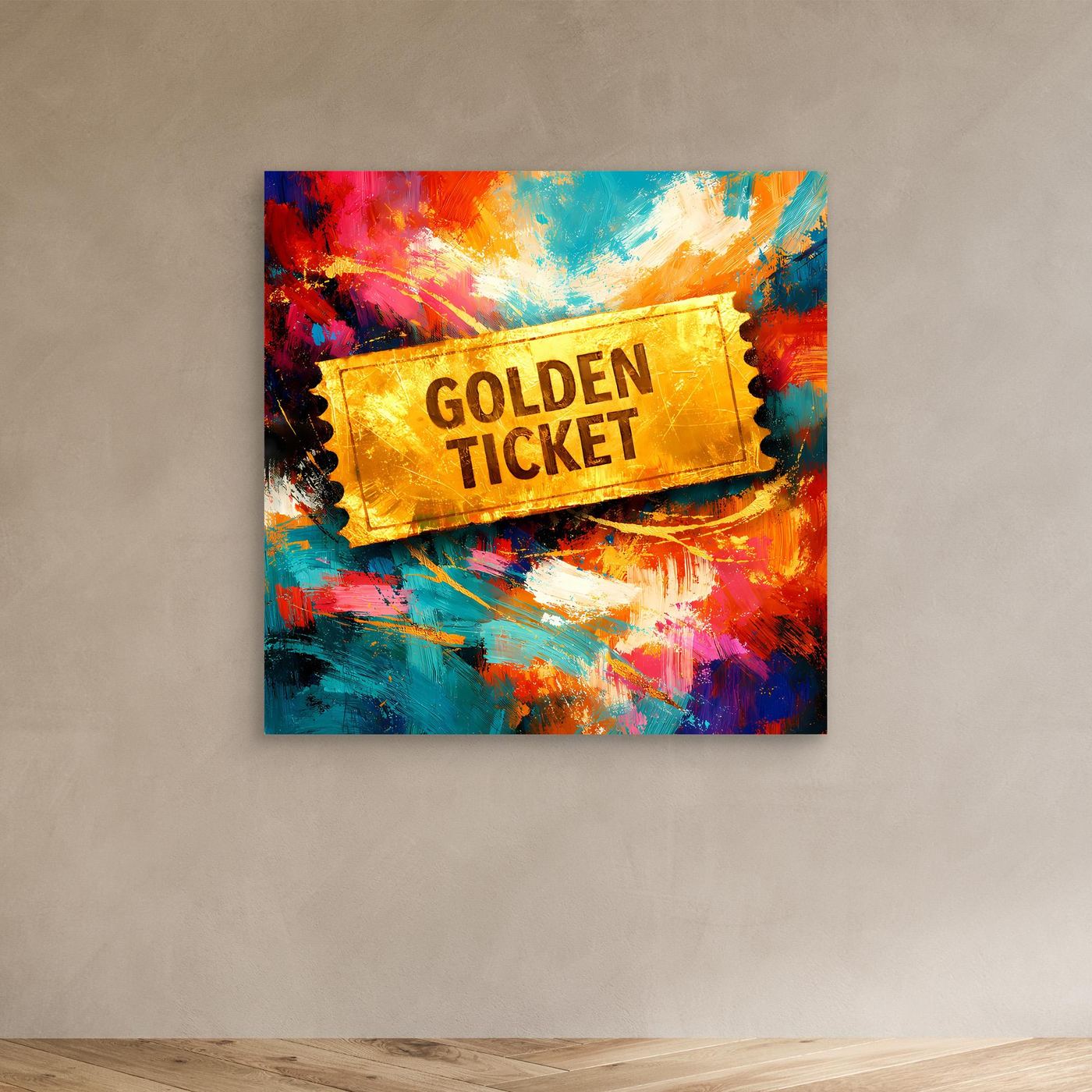 Abstraktes Leinwandbild „Golden Ticket“ mit goldener Ticket-Aufschrift in kräftigen Farben