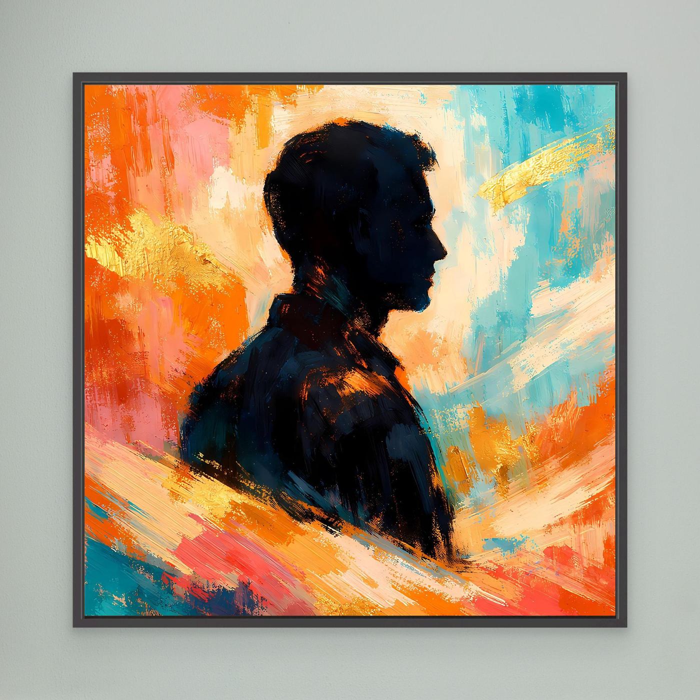 Leinwandbild mit schwarzem Rahmen und abstrakter Silhouette eines Mannes in Blau-Orange