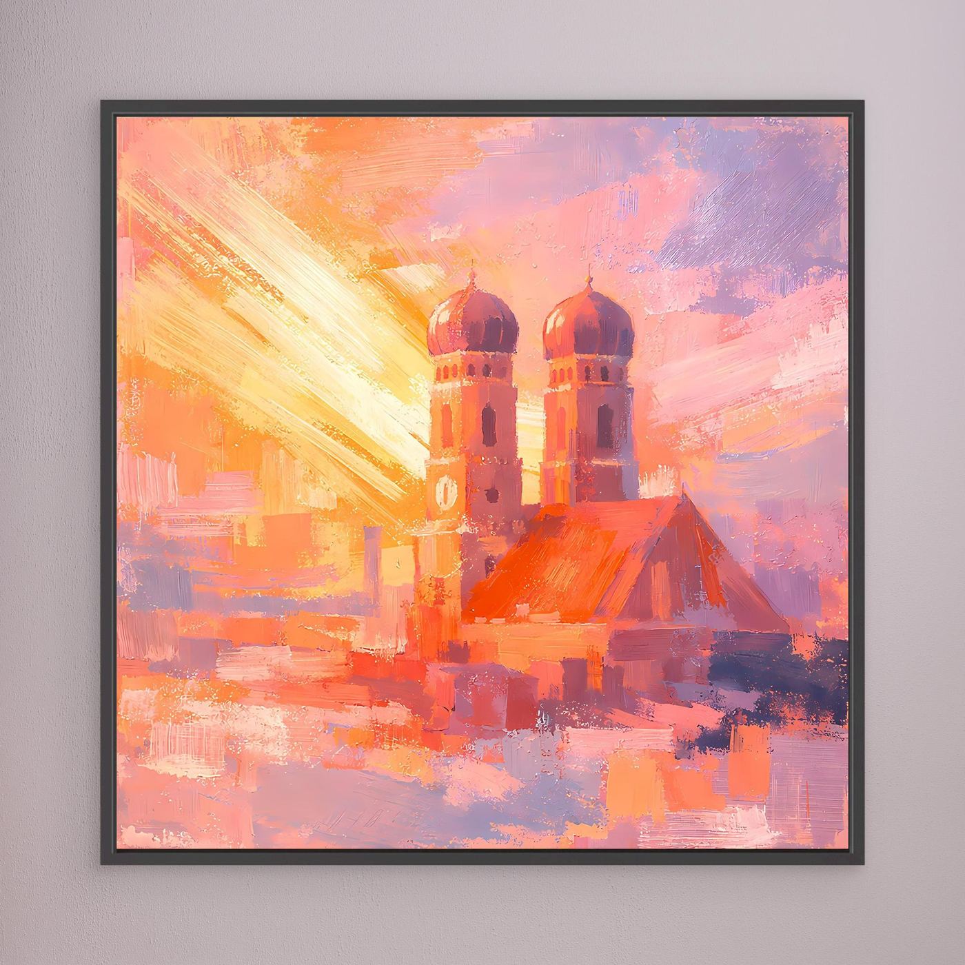 Premium Leinwand Frauenkirche München im Sonnenaufgang | Abstraktes Skyline Wandbild Bayern