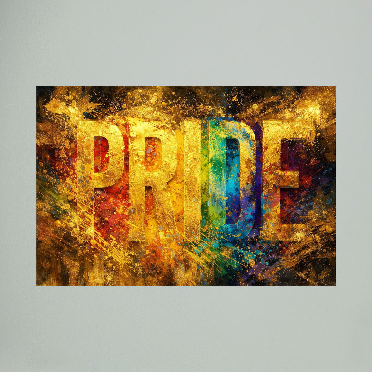 Nahaufnahme: goldfarbenes Wandbild mit PRIDE-Schriftzug und blauem Farbverlauf