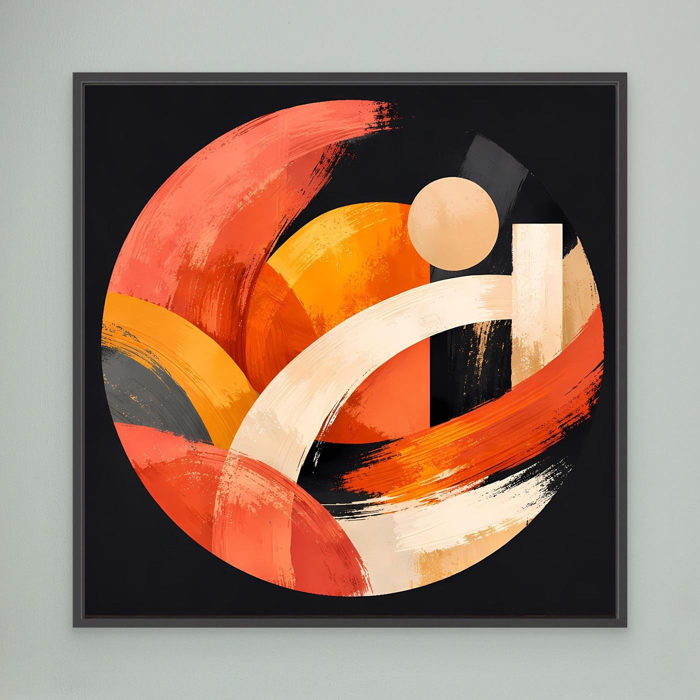 Gerahmtes Leinwandbild mit abstraktem geometrischem Kreis in Orange und Beige, schwarz gerahmt