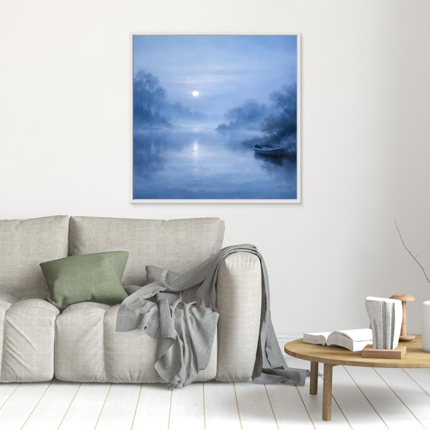 Quadratisches Leinwandbild in Blau mit Mondlicht am Fluss und Boot