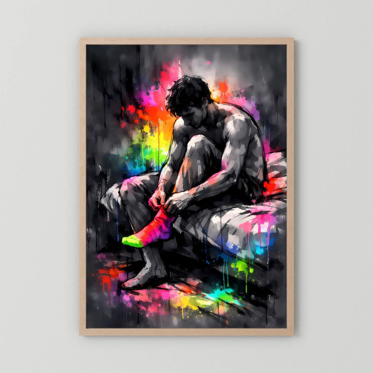 Wandbild im Hochformat: Mann zieht Socken an, abstrakte Neon-Farbexplosion, Holzrahmen hellbraun.