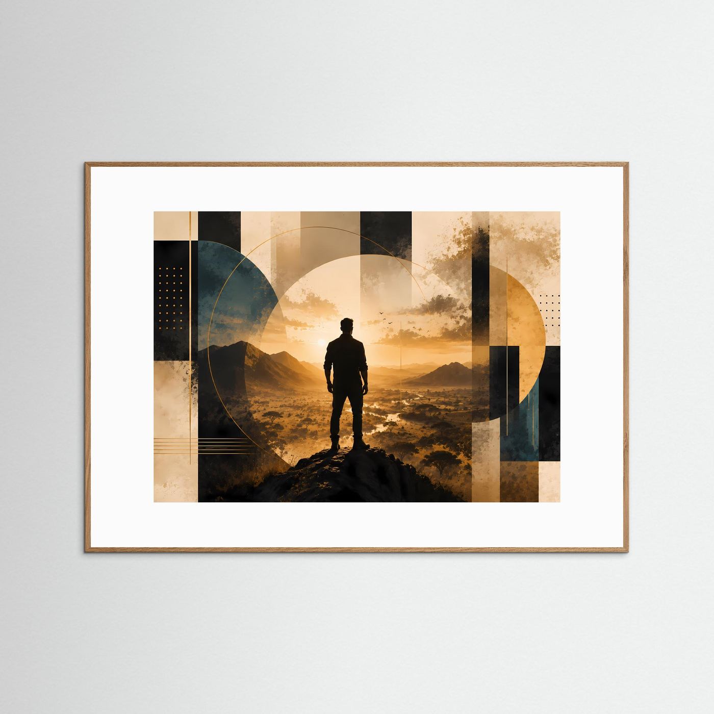 Gerahmtes Querformat-Poster mit Mann-Silhouette vor Berglandschaft, Gold und Schwarz