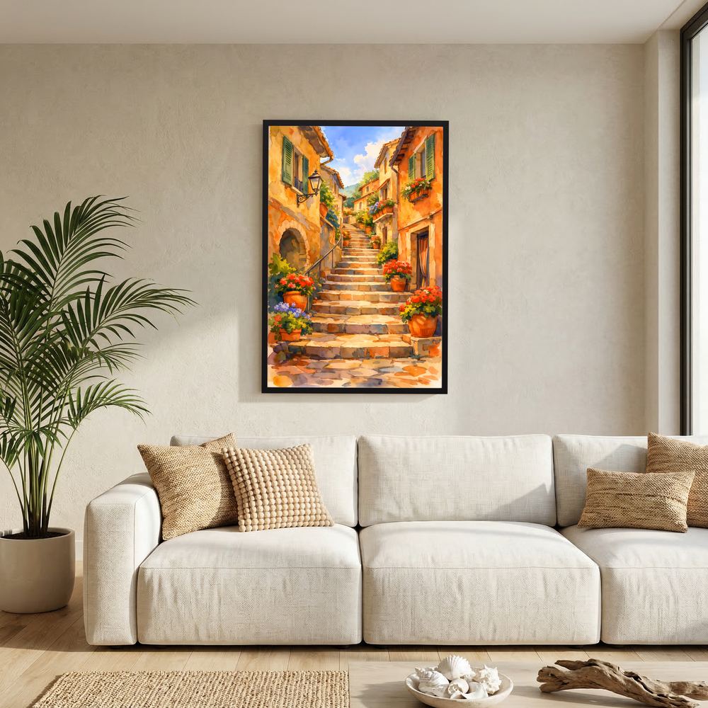 Hochformat-Wandbild mit mediterraner Gasse, Treppe und Blumen in Töpfen, schwarzer Rahmen