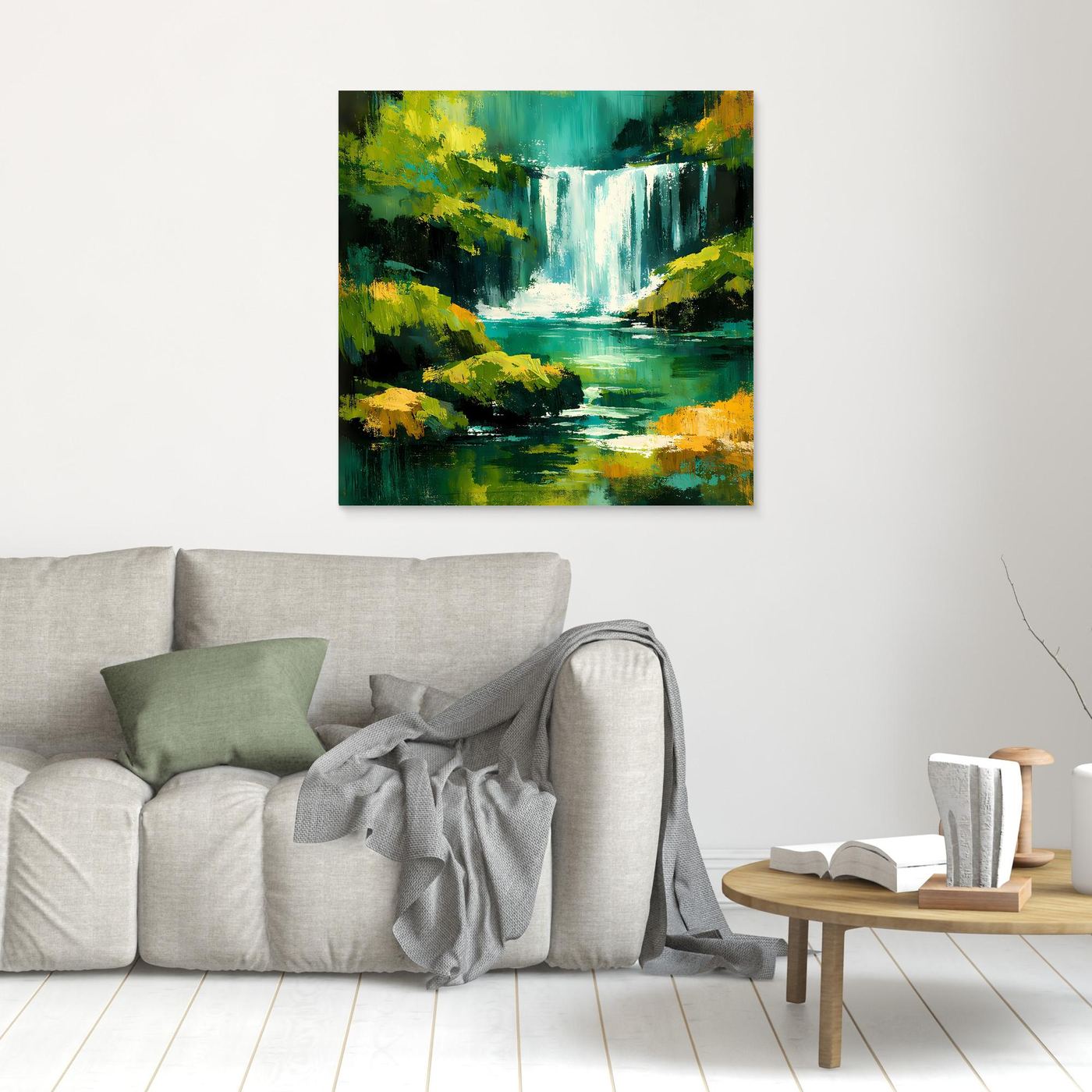 Kleines abstraktes Leinwandbild mit Wasserfall und Dschungelgrün, rahmenlos