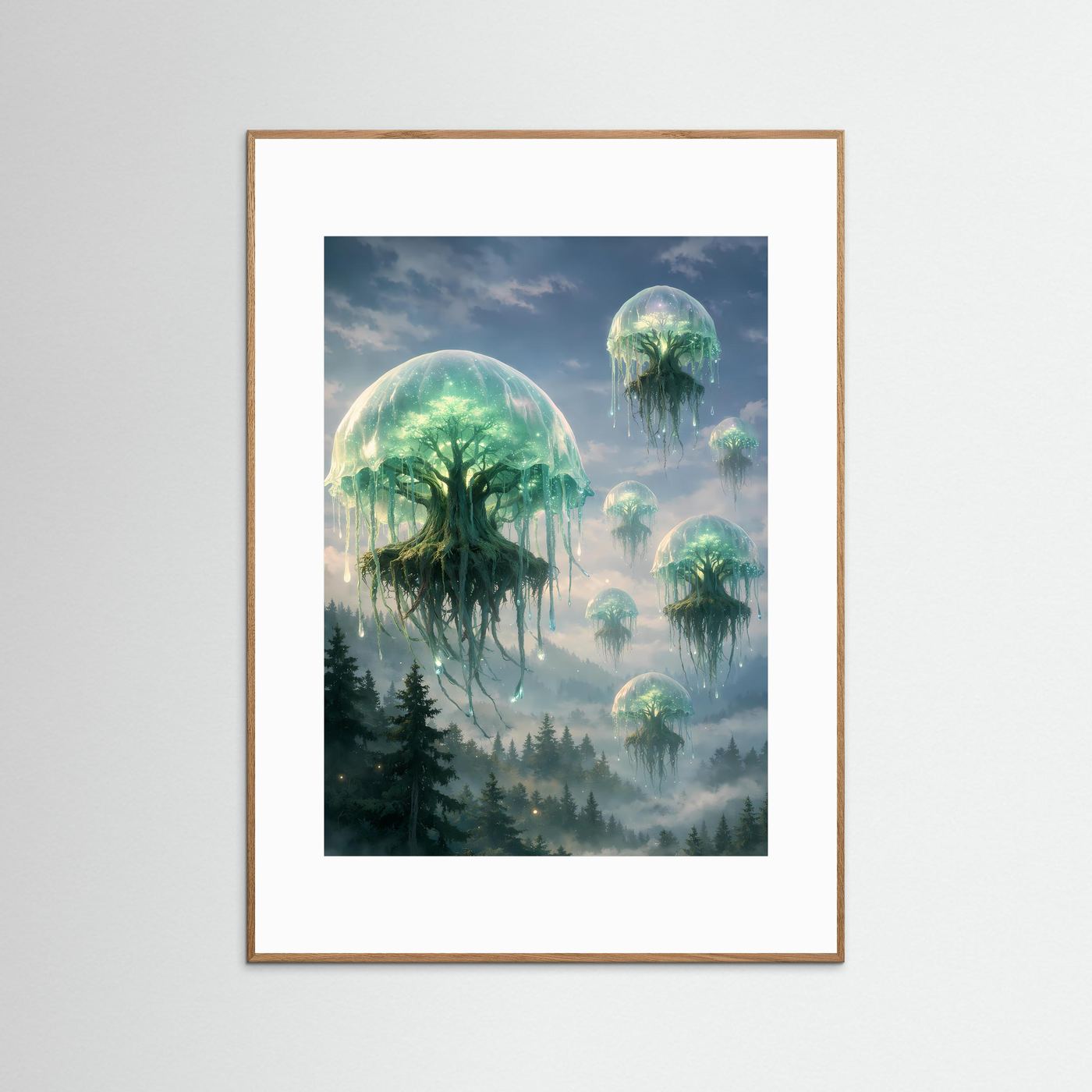 Kunstposter im Hochformat mit hellem Holzrahmen; schwebende Quallen über Waldnebel