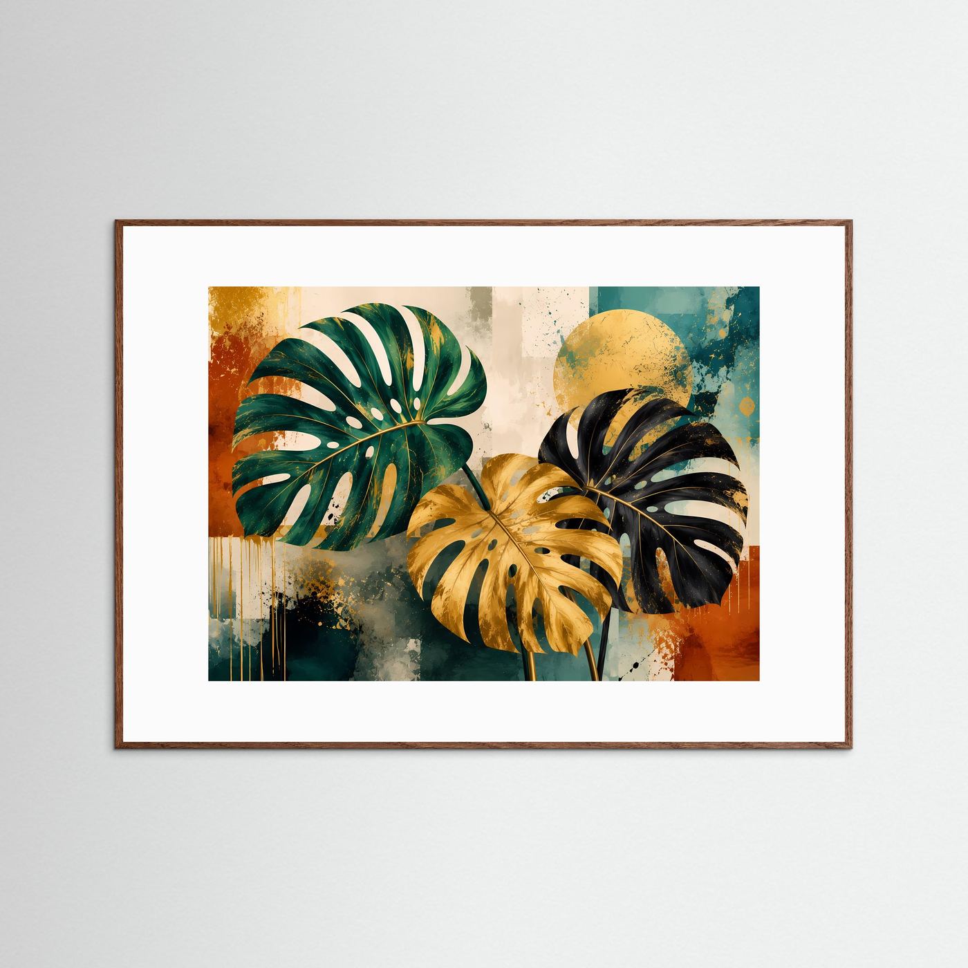Luxuriöse Monstera Blätter in Grün, Gold & Schwarz | Abstrakte Botanische Kunst – Modernes Poster Querformat