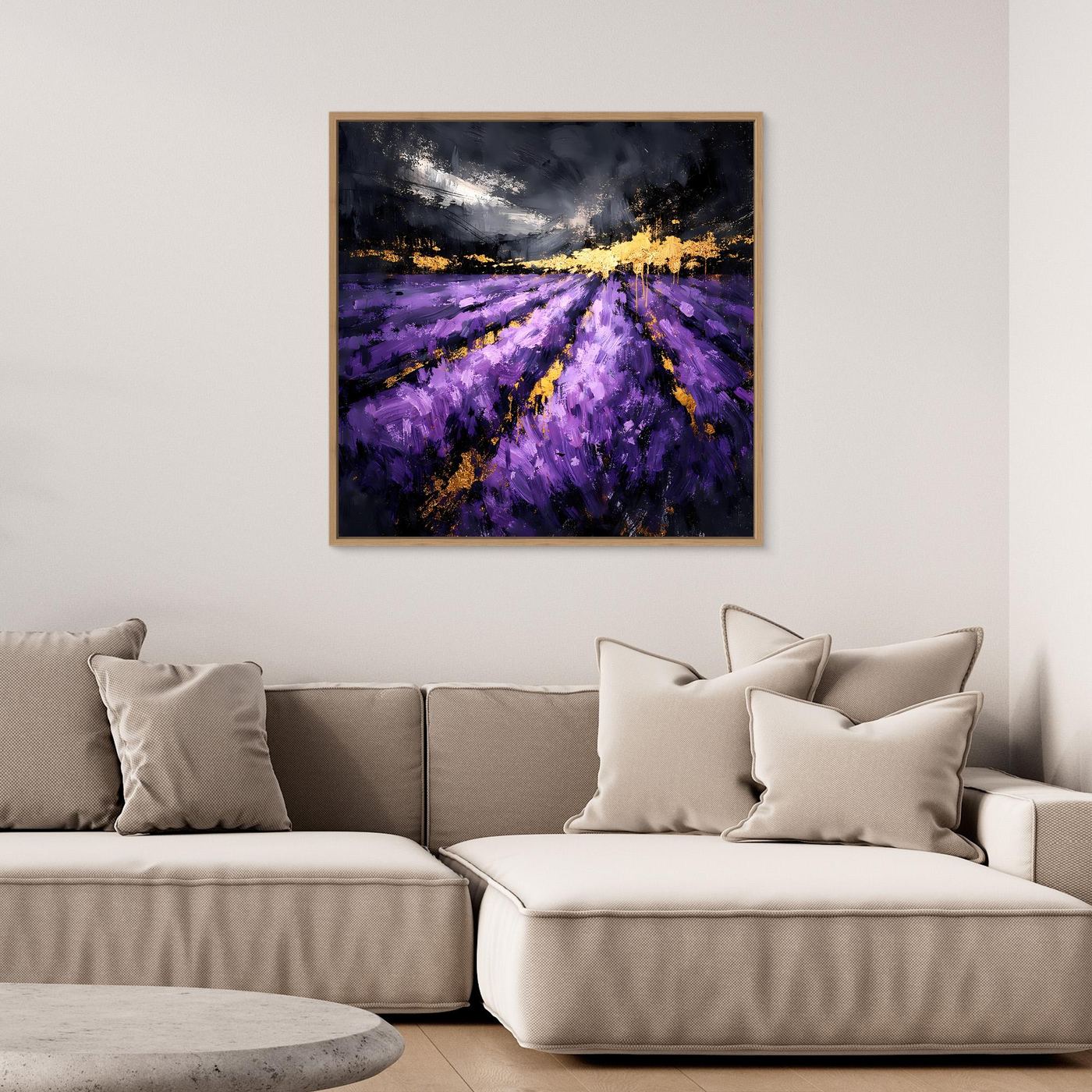 Leinwand Abstraktes Lavendelfeld in Lila und Gold | Modernes Natur Landschafts Wandbild