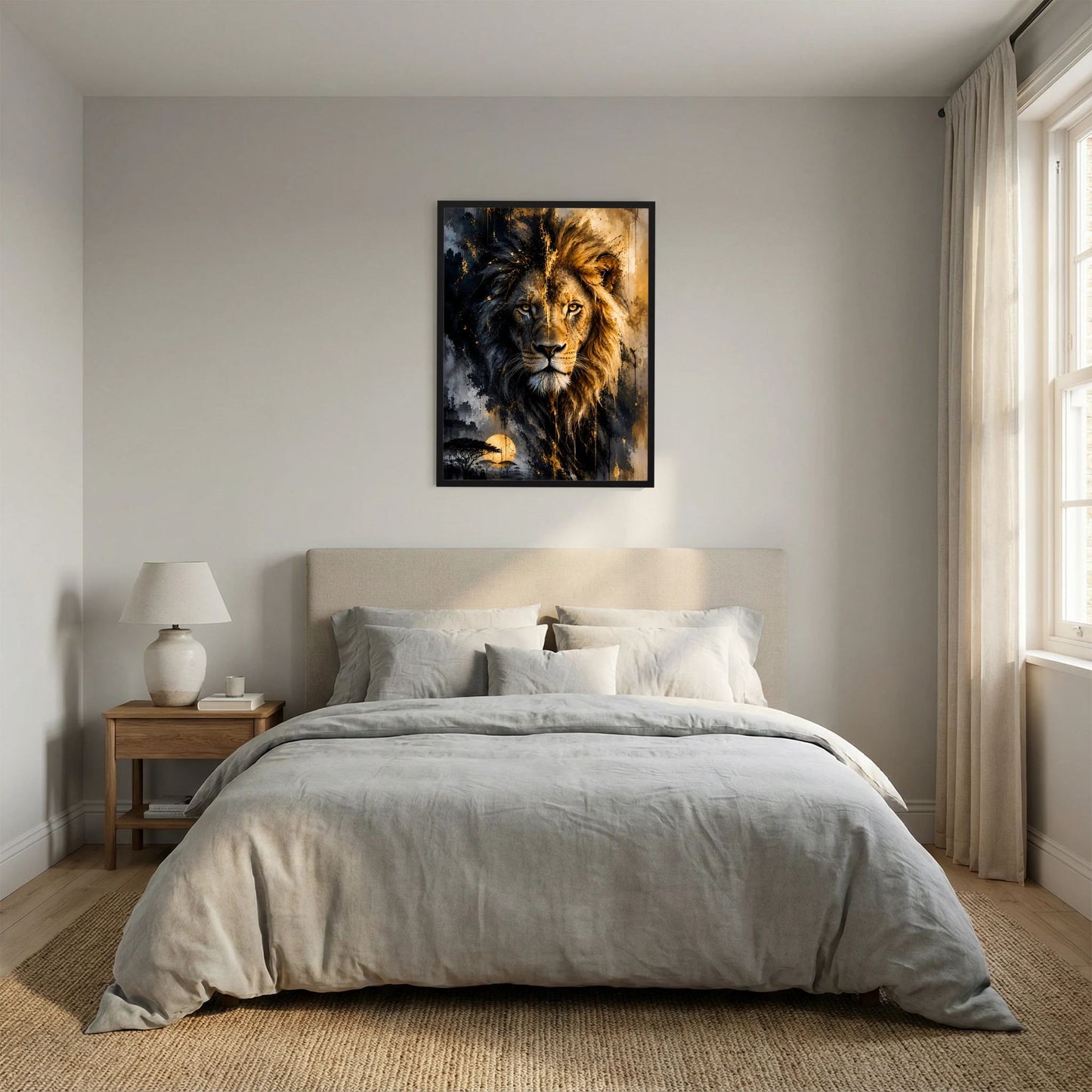 Gerahmtes Löwenposter, Hochformat mit schwarz-goldenem Löwenkopf und leuchtenden Farbakzenten