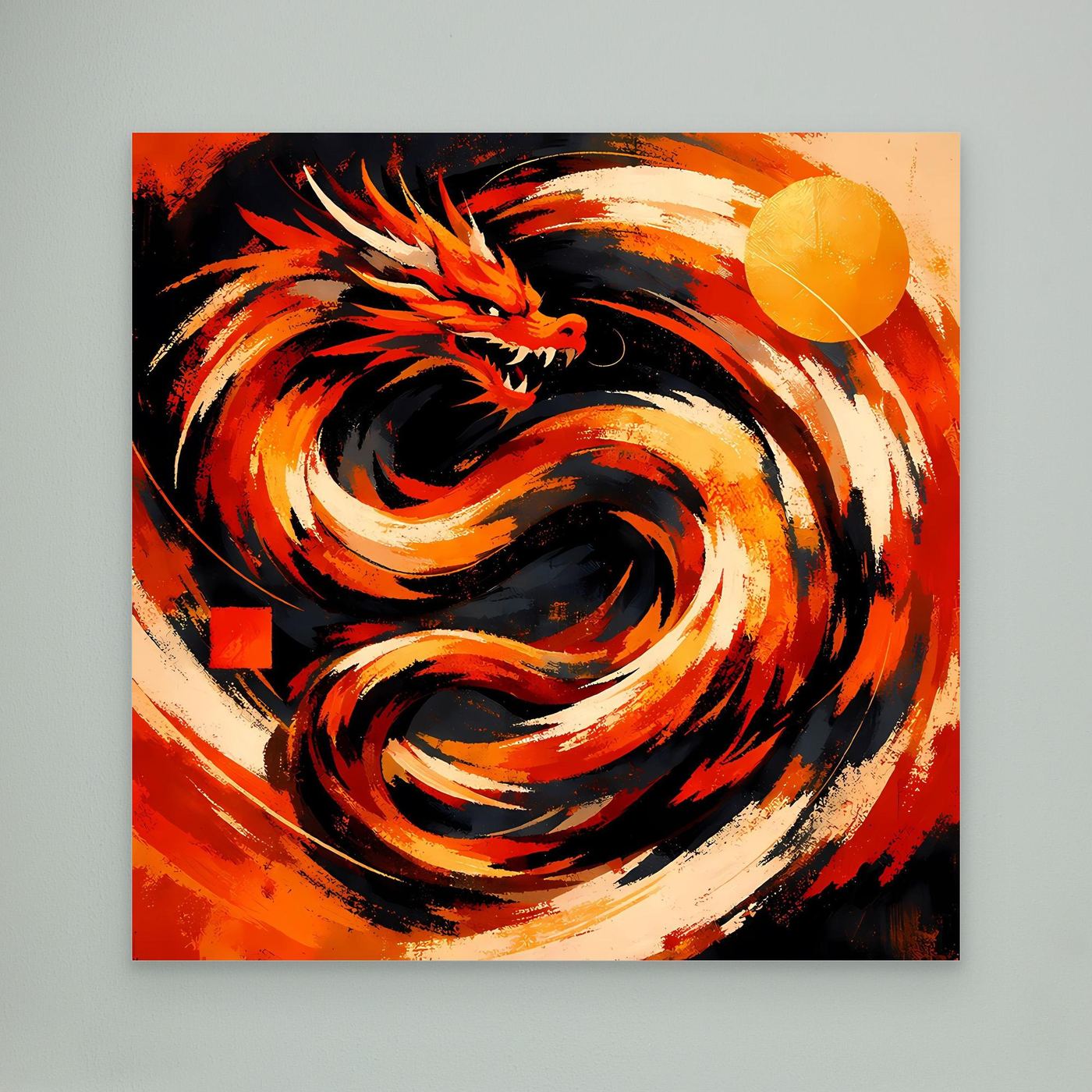 Abstraktes Drachen-Wandbild ohne Rahmen mit rotem, schwarzem und beigem Wirbel