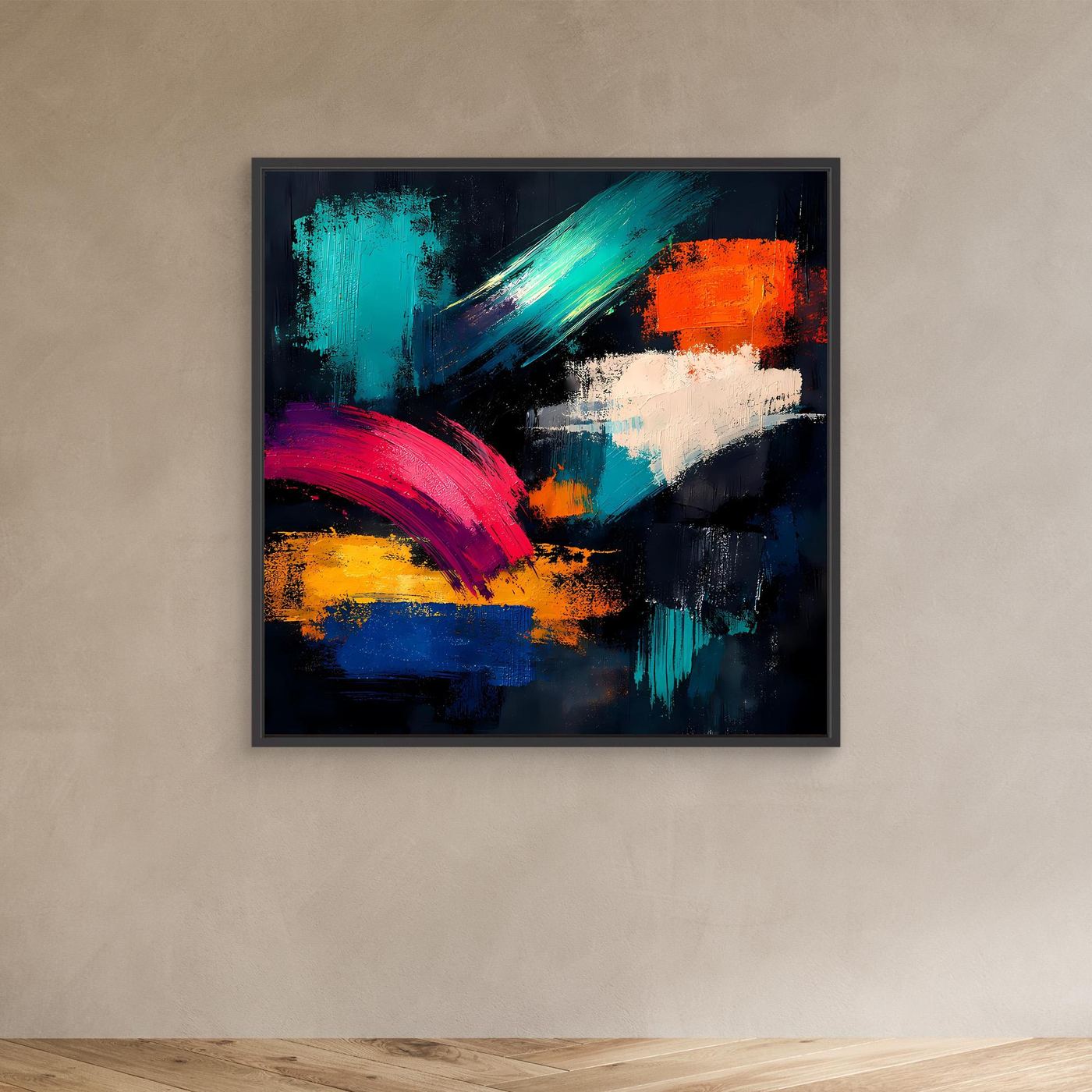 Leinwandbild abstrakt mit Farbstrichen in Türkis, Orange, Pink und Blau, schwarzer Rahmen
