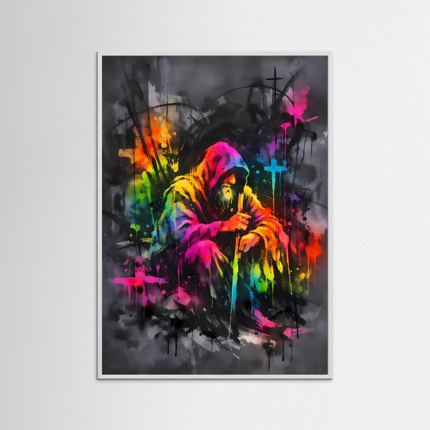 The Neon Hermit | Luxuriöses Mystik Poster Bunt & Dunkel | Abstraktes Magier Kunstposter Hochformat