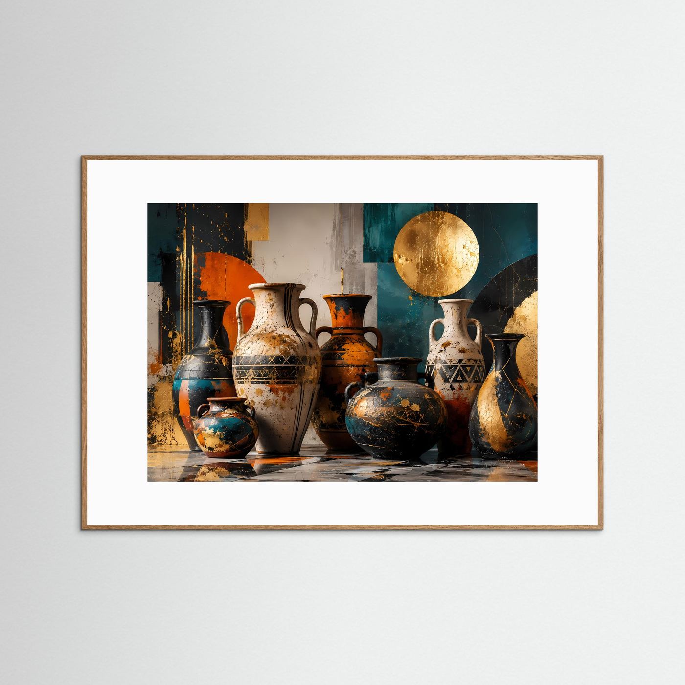 Antike Amphoren in Gold, Petrol & Terrakotta | Abstrakte mediterrane Vasen Kunst