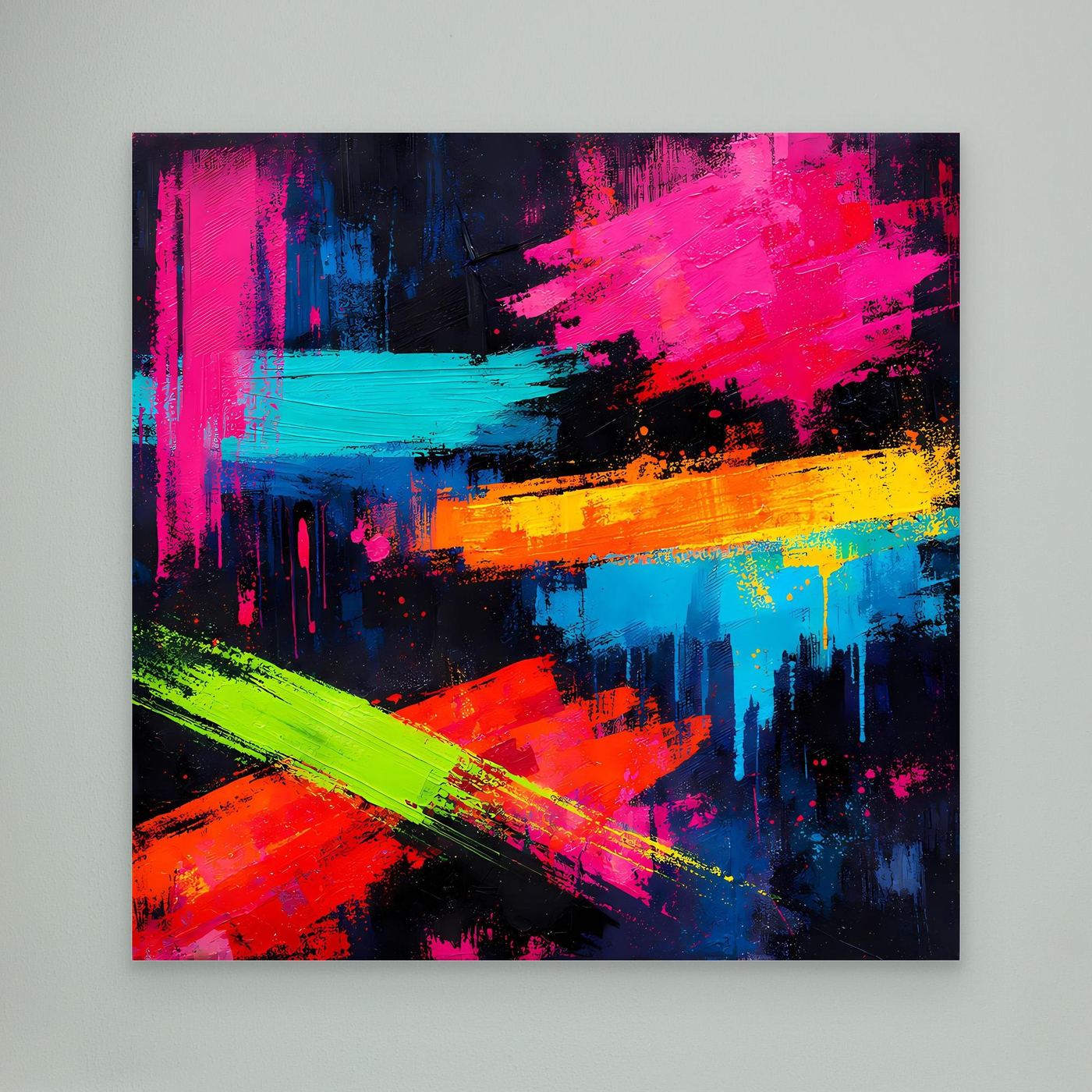 Abstraktes Leinwand-Wandbild mit Neonfarben, ohne sichtbaren Rahmen