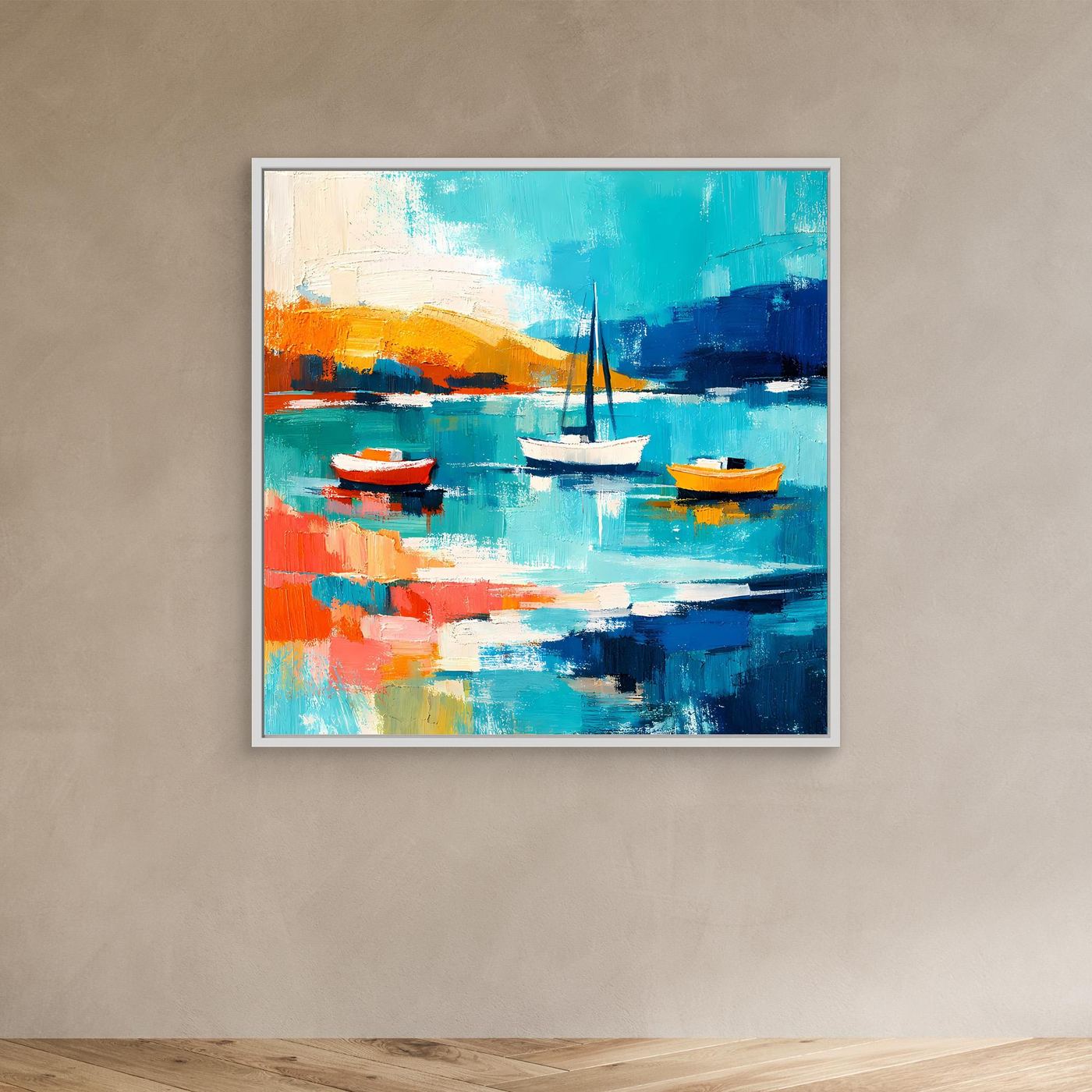 Abstract sailboat wall art with white frame, teal, blue, and orange sailboats on canvas