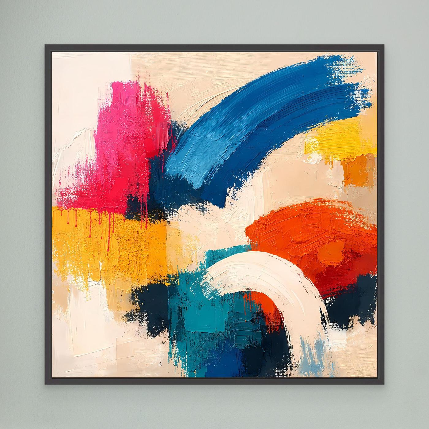 Abstract canvas painting with bold blue, pink, red, yellow, and white brushstrokes; black frame.