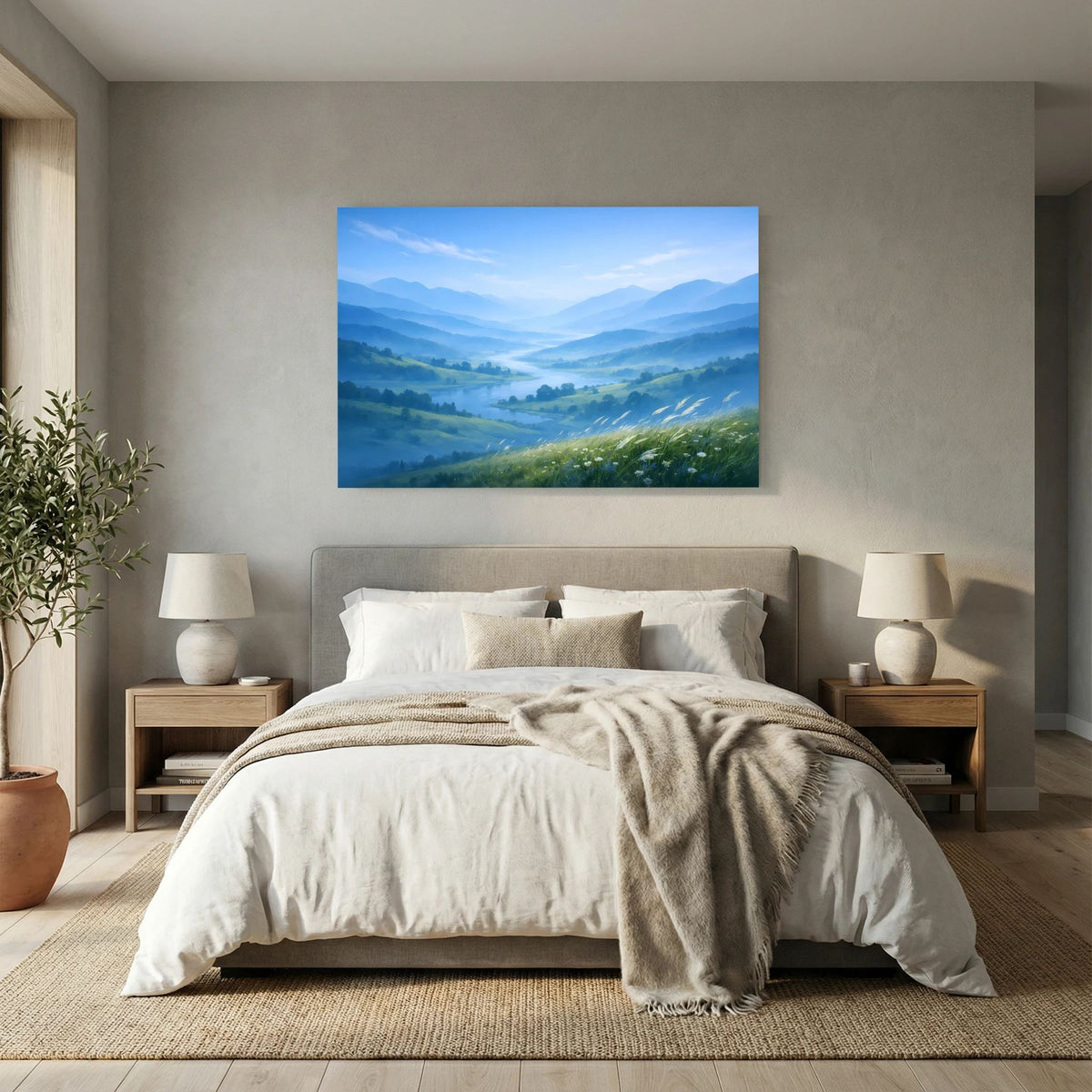 Querformatiges Wandbild mit Nebeltal und Wiesenblumen am Hang, blaue Berge