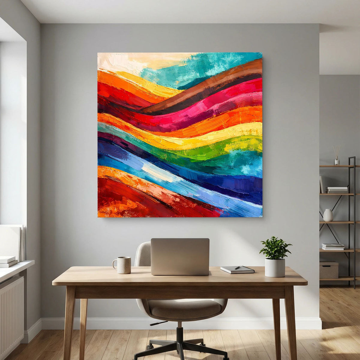 Abstraktes Leinwandbild: kräftige Wellenlinien aus Pinselstrichen in Rot, Gelb, Blau und Grün.