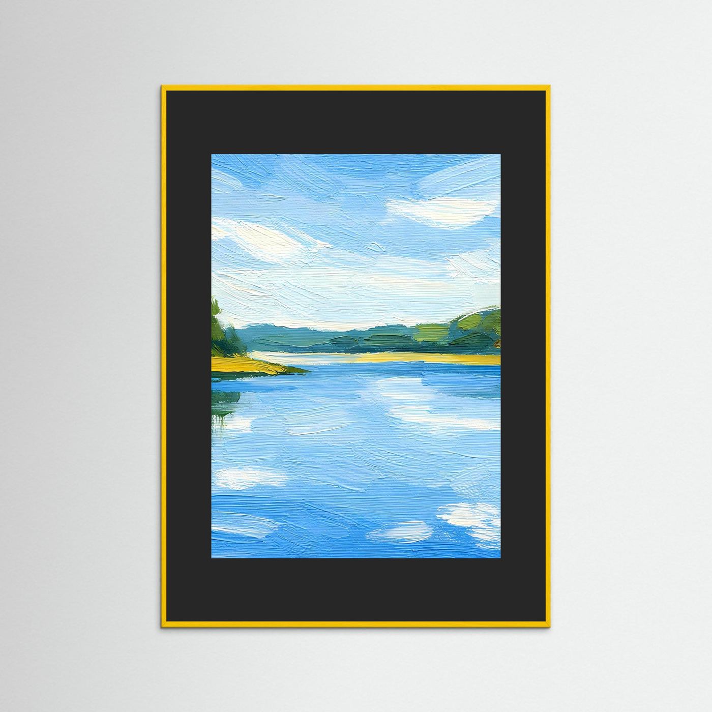 Gerahmtes Landschafts-Poster mit blauem Fluss in dunkelgrauem Rahmen mit gelbem Rand