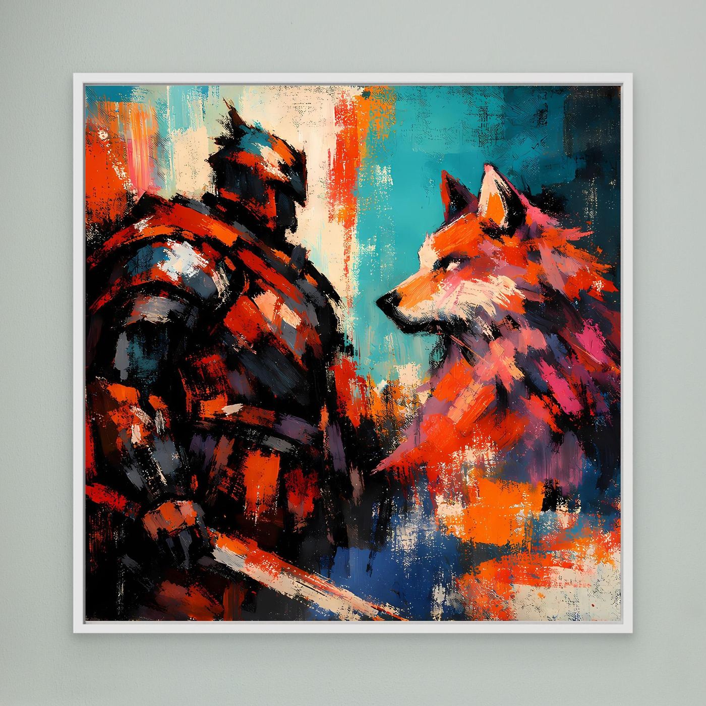 Abstraktes Leinwandbild mit Kriegerfigur und Wolf, weißer Rahmen