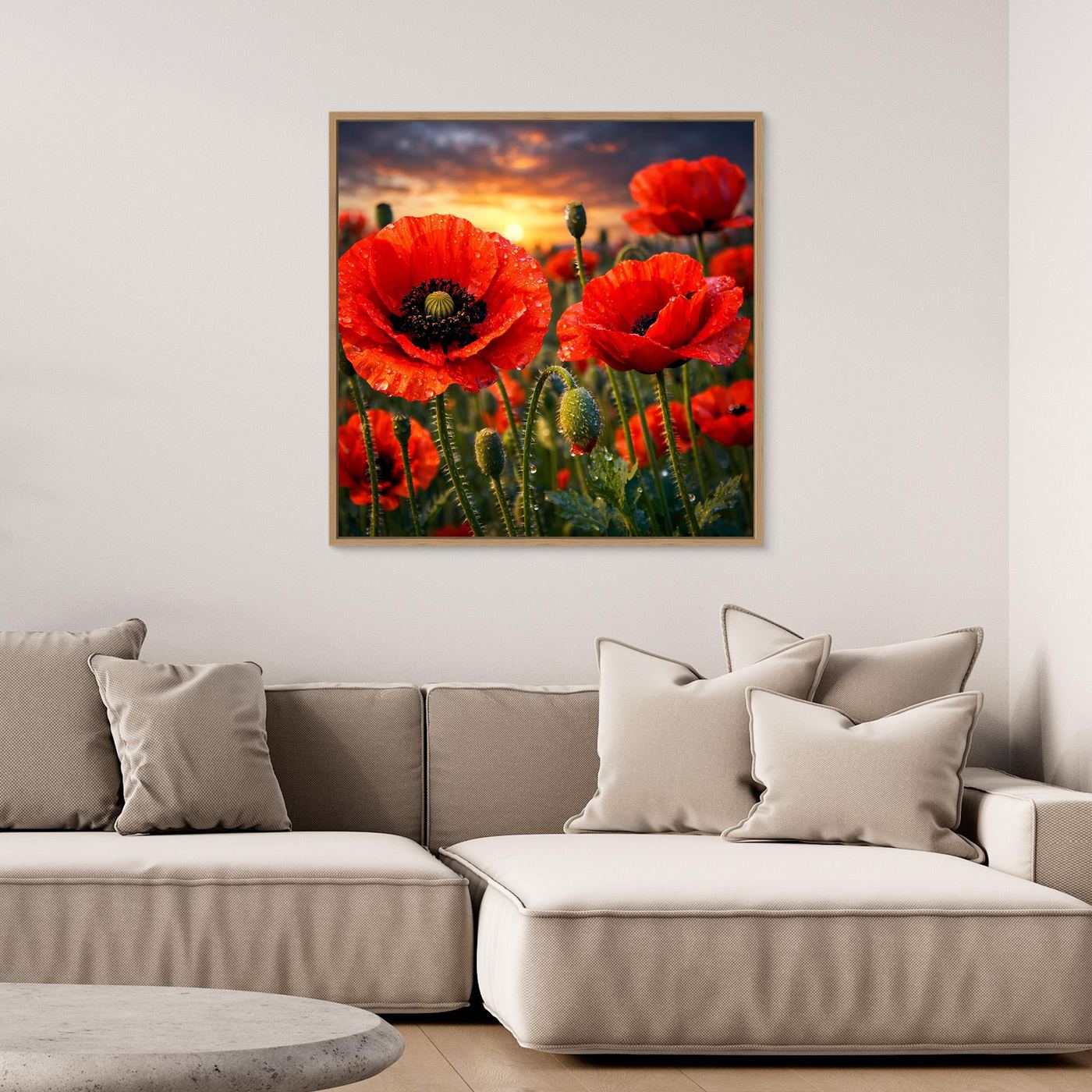 Leinwand-Wandbild mit roten Klatschmohnblüten und Abendhimmel