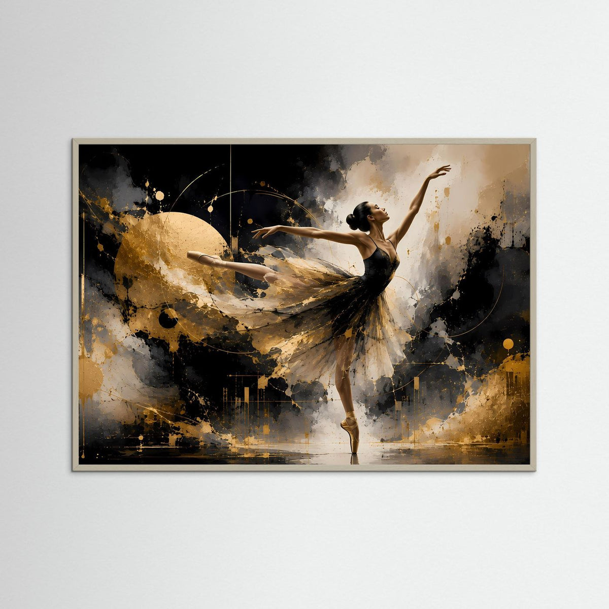 Abstraktes Wandbild mit Ballerina in schwebender Pose, schwarz-goldener Farbspritzer-Textur, Querformat