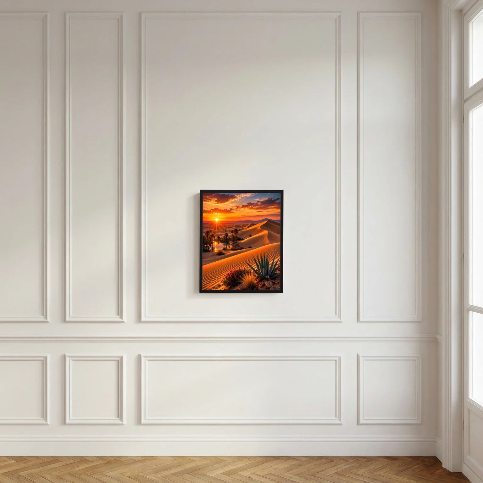 Wandposter im Hochformat mit Wüste, Oase und Sanddünen bei Sonnenuntergang, schwarz gerahmt