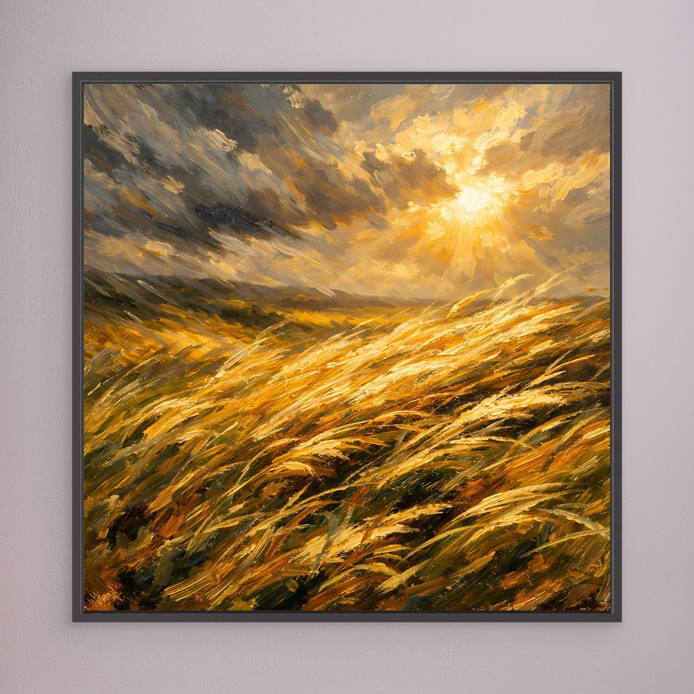 Leinwandbild mit goldenem Getreidefeld im Wind und leuchtender Sonne, schwarzer Rahmen