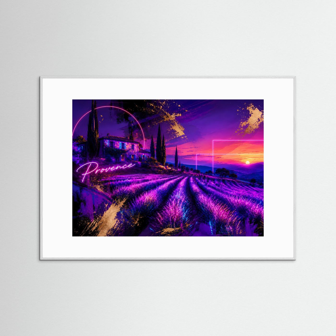 Provence Lavendelfeld Neon Poster | Futuristische Landschaft | Lavendel Sonnenuntergang | Moderne Wandkunst | Fine Art Print