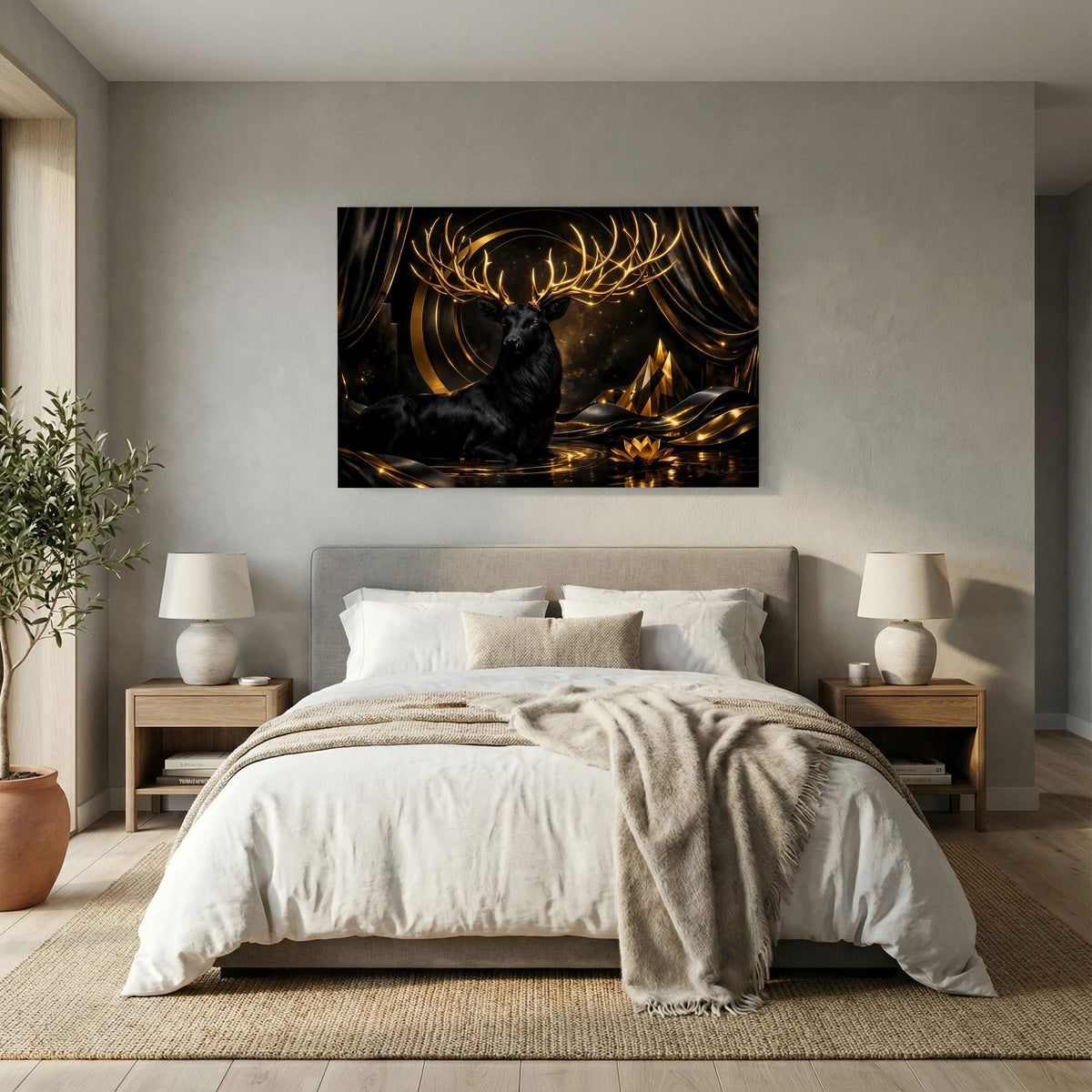 Wandposter mit schwarzem Hirsch und goldenem Geweih, goldene Reflexionen im Dunkeln