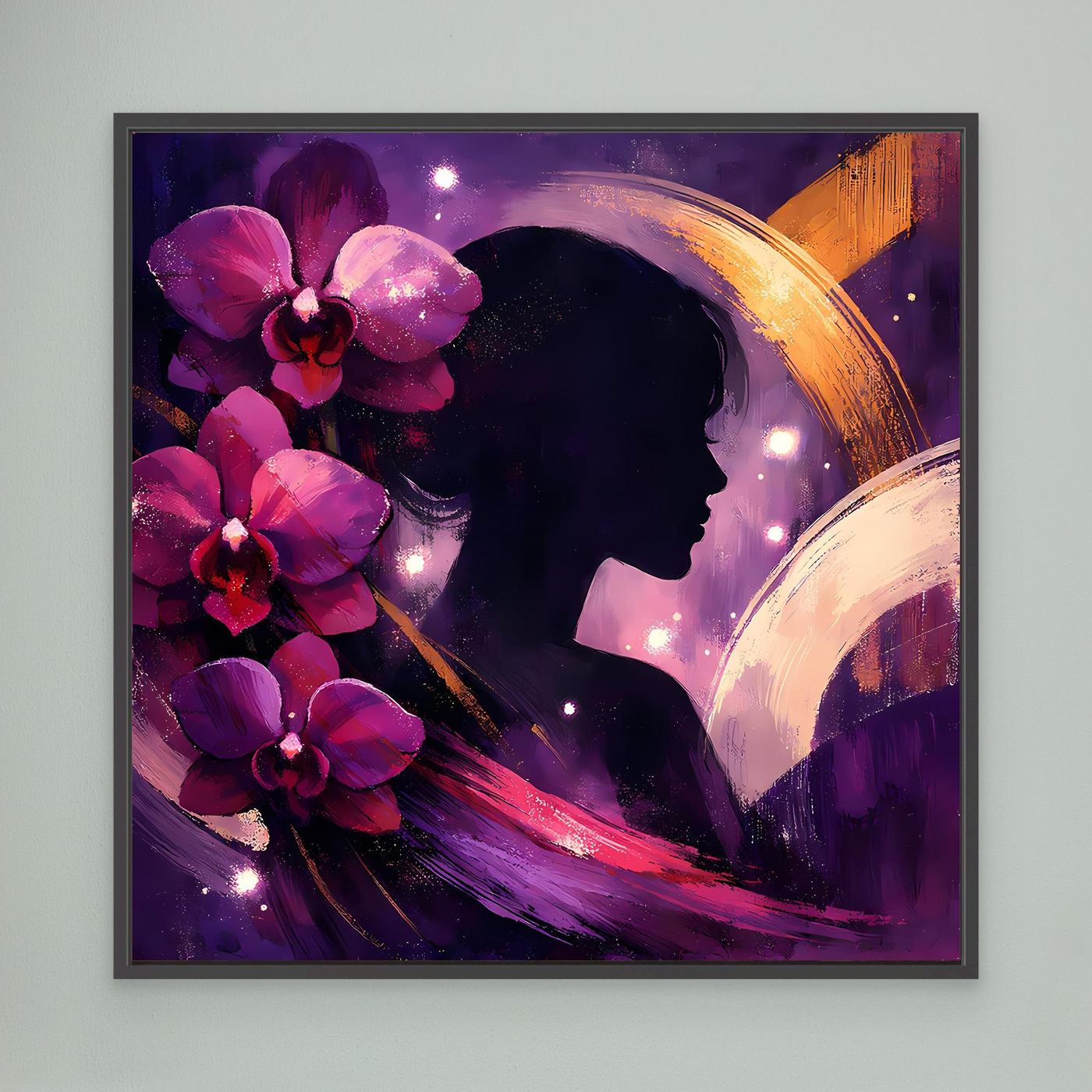 Abstraktes Leinwandbild mit Frauensilhouette und Blumen, schwarz gerahmt