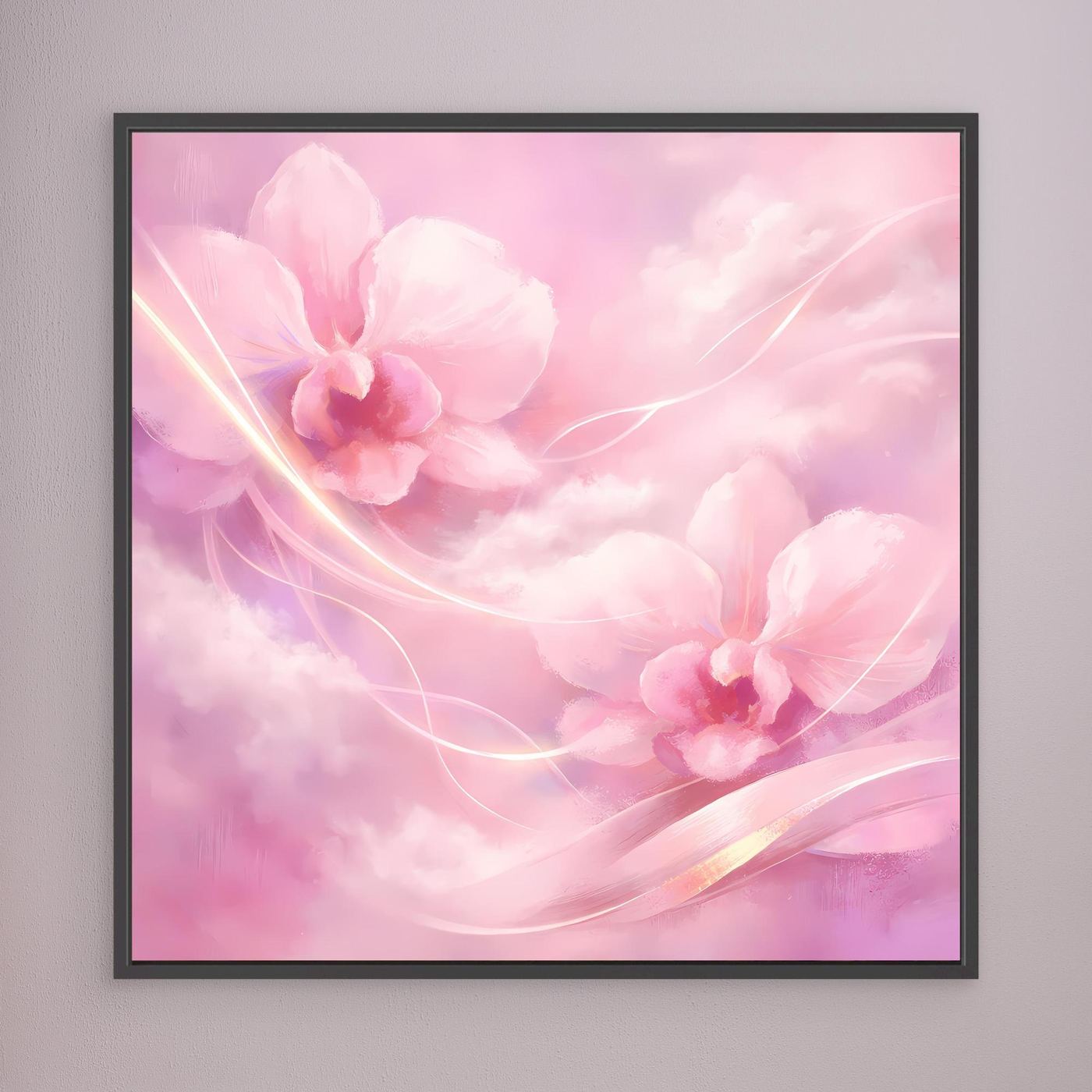 Leinwandbild mit abstrakten rosa Orchideen und goldenen Linien, schwarz gerahmt