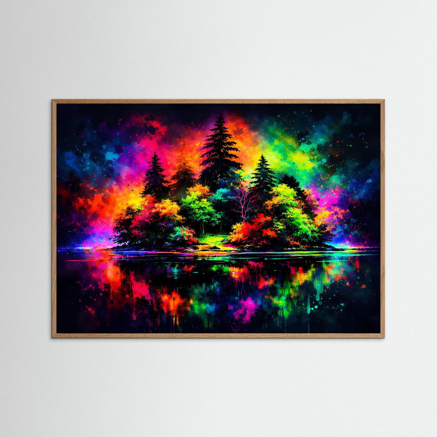 Gerahmtes Neon-Landschafts-Poster mit farbigen Bäumen und Reflexion im Wasser, querformat