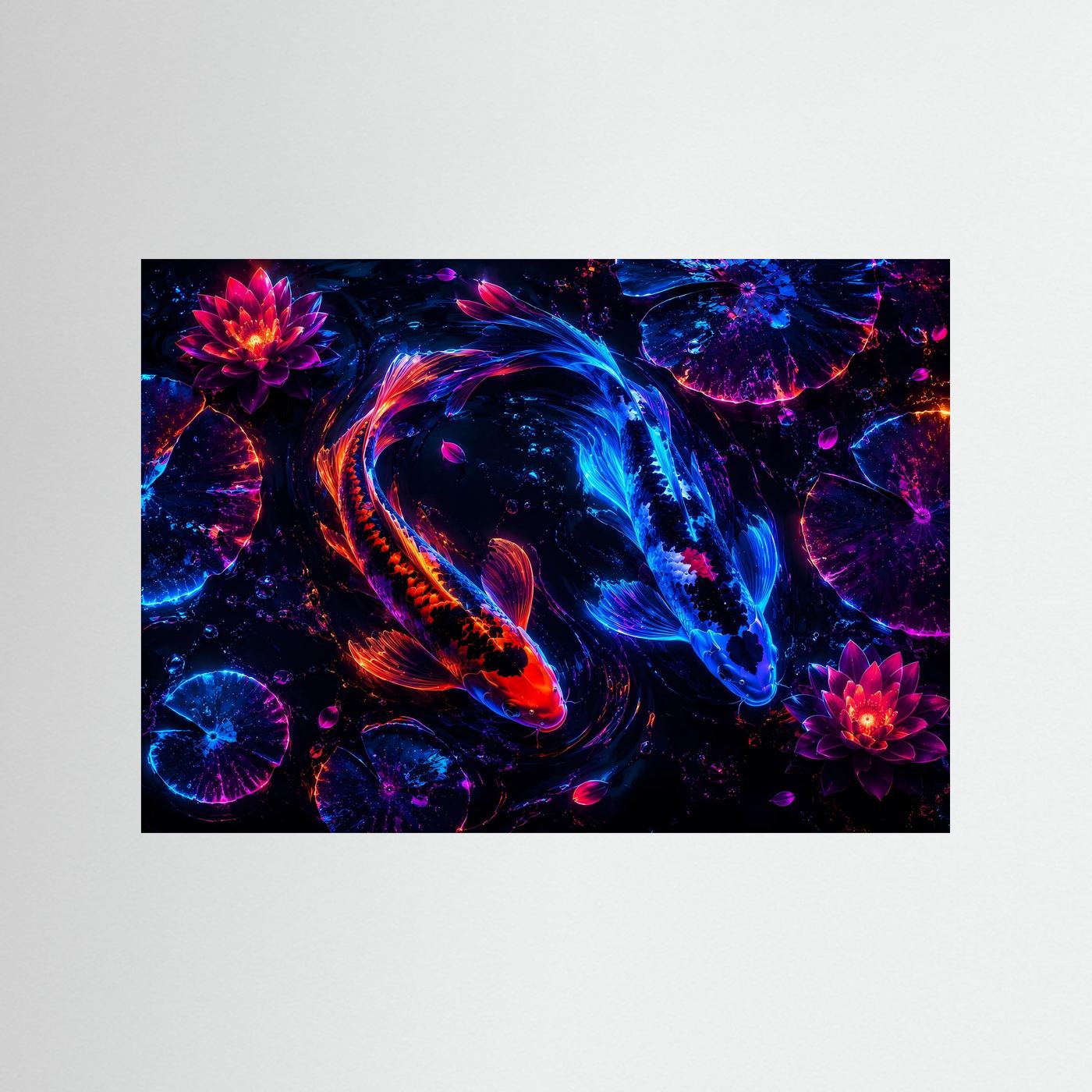Neon Koi Yin Yang | Futuristisches Lotus-Wandbild in Blau, Pink & Orange