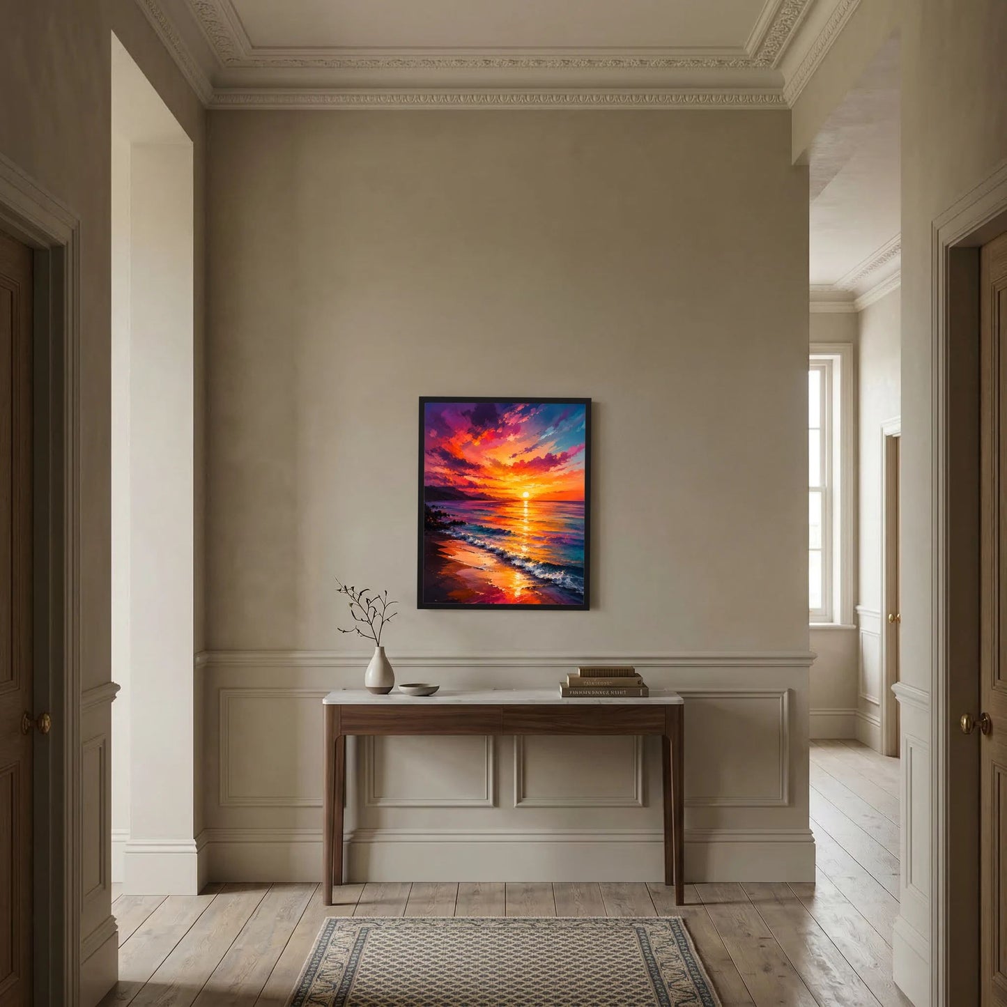 Gerahmtes Kunstposter im Hochformat: Sonnenuntergang am Meer, kräftige Farbverläufe