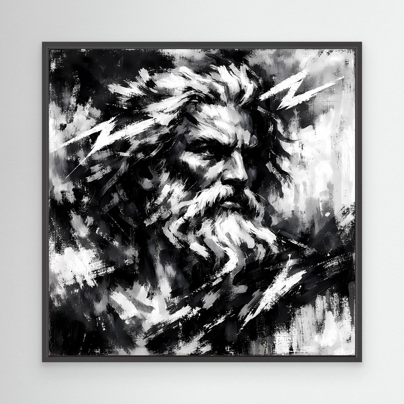 Abstract Zeus wall print in black and white with black frame and lightning strokes